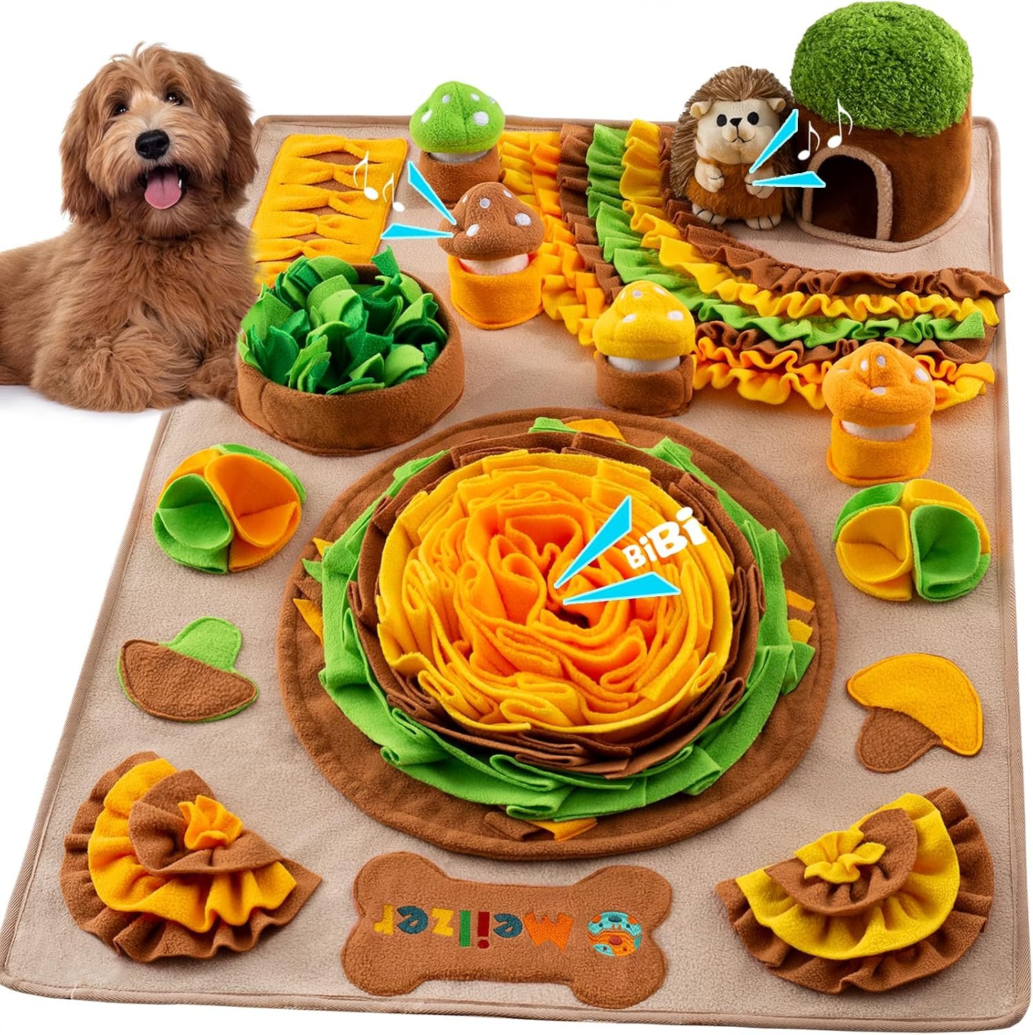 Large Snuffle Mat for Dogs 40” x 27.5” Sniff Mat with Hedgehog Puzzle Toy Squeaky Mushrooms Interactive Toys Portable Feeding Mat for Foraging Skills