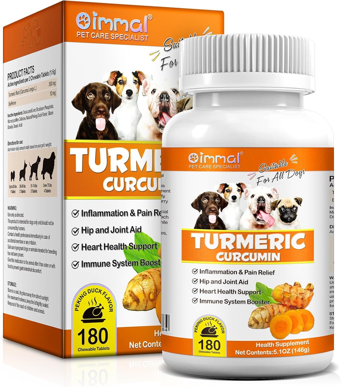 Turmeric for Dogs, 180 Turmeric Curcumin Tablets Supports Heart, Immune System Booster, Hip & Joint Support, Dog Pain Relief, Pet Supplement Treats for All Breeds Dogs & Ages – 180 Tablets / 5.1 OZ