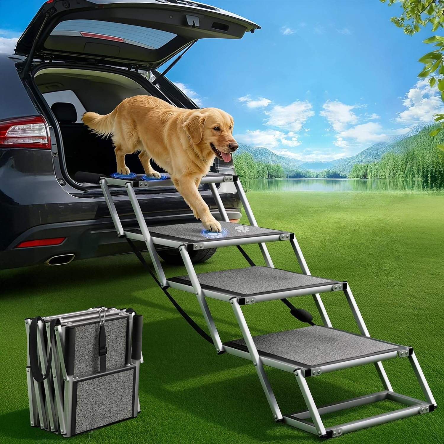 Dog Stairs for Large Dogs, 𝟐𝟎” 𝐄𝐱𝐭𝐫𝐚 𝐖𝐢𝐝𝐞 Foldable Dog Ramp for Car, SUV & Truck, Non-Slip DogSteps for High Beds, 4-Step Aluminum Frame, Supports up to 250 lbs
