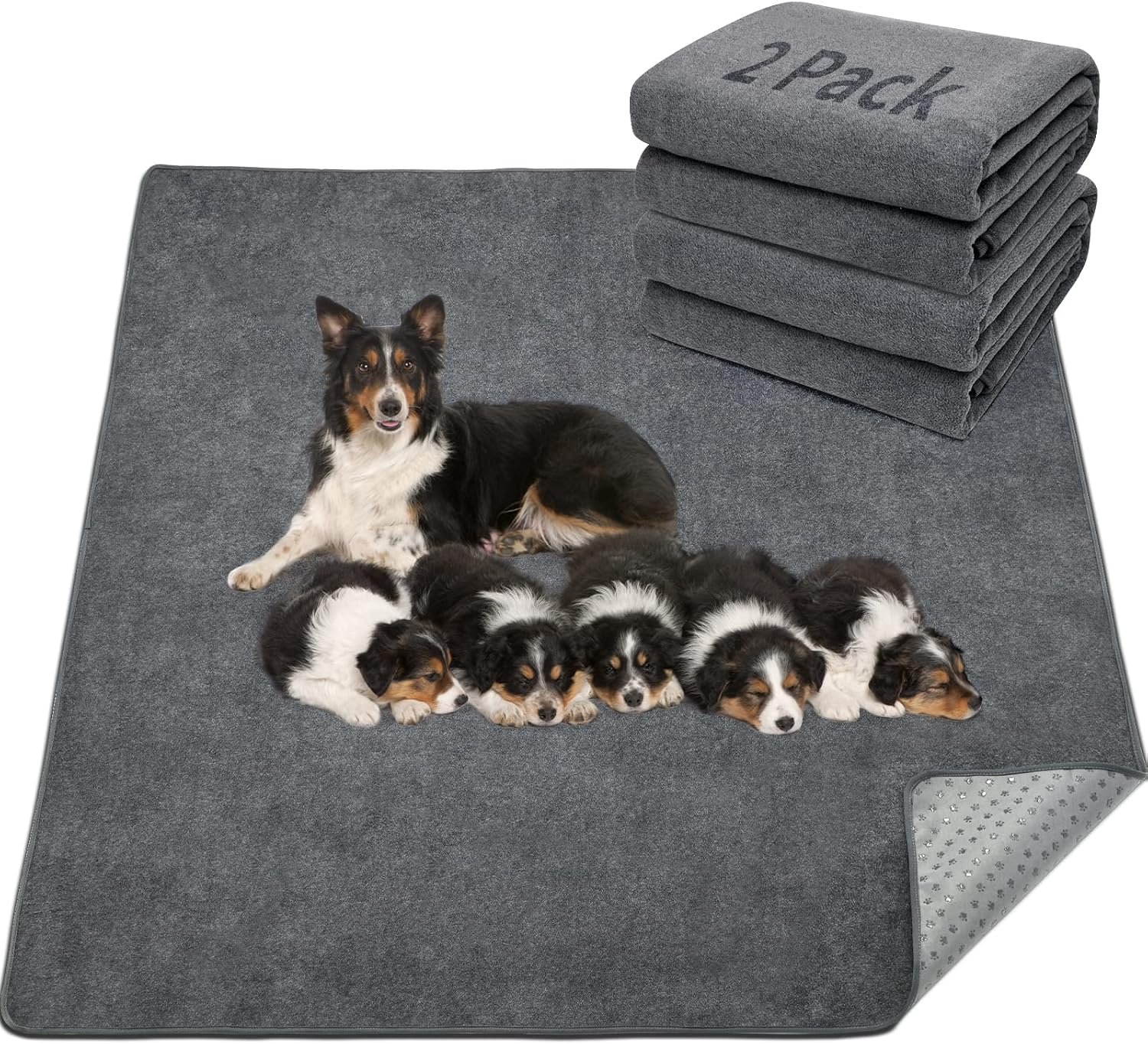 LOOBANI 2 Packs Extra Large Reusable Dog Mat for Floor, Non-Slip Washable Pee Pads for Dogs, Fast Absorbent Pet Whelping Pads, Puppy Playpen Mat for Incontinence, Housebreak, Crate, 36″x48″, Gray