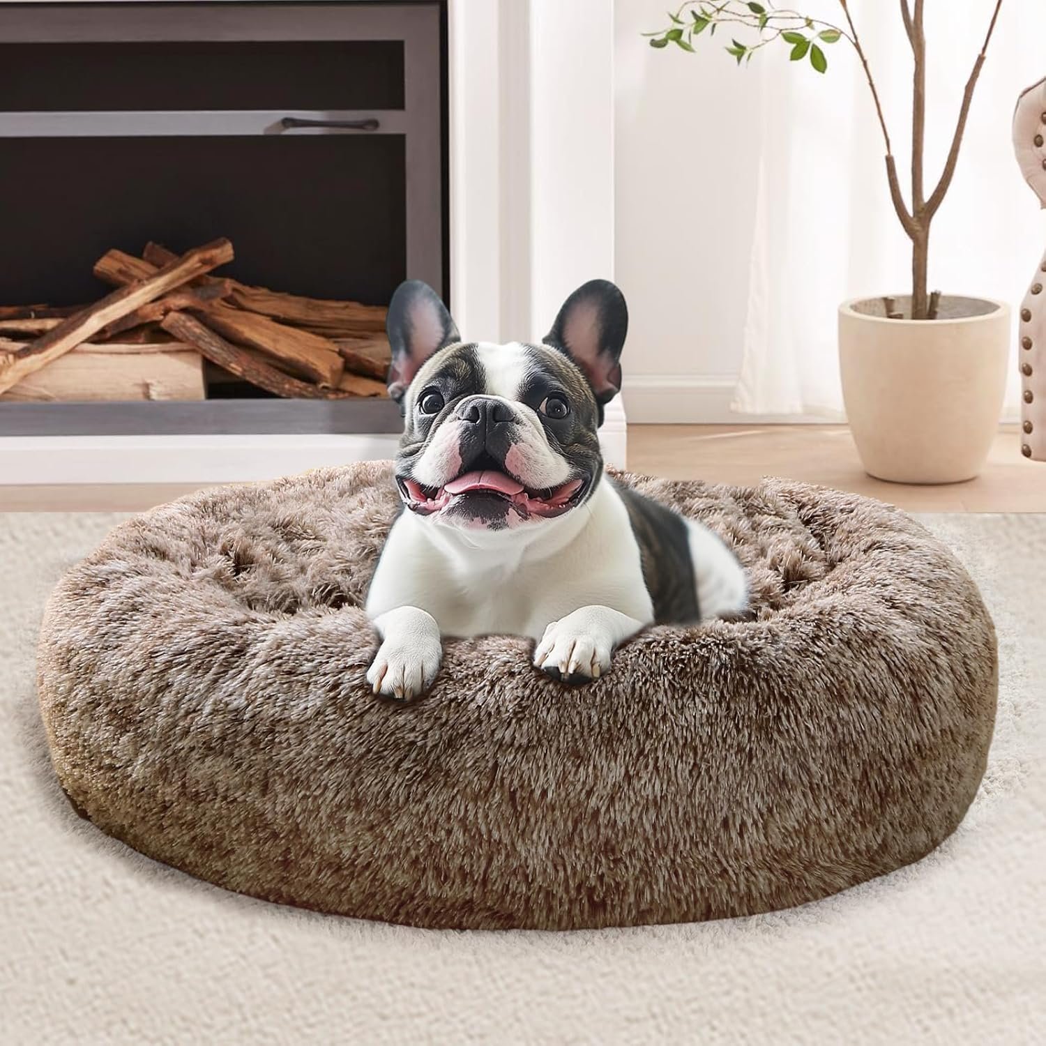 JOLLYVOGUE Calming Dog Bed for Small Dogs – 23 inches Donut Washable Small Dog Bed for Kittens & Puppies, Anti-Slip Round Fluffy Plush Faux Fur Cat Beds (Fits up to 25 lbs Pets, Smoke Brown)