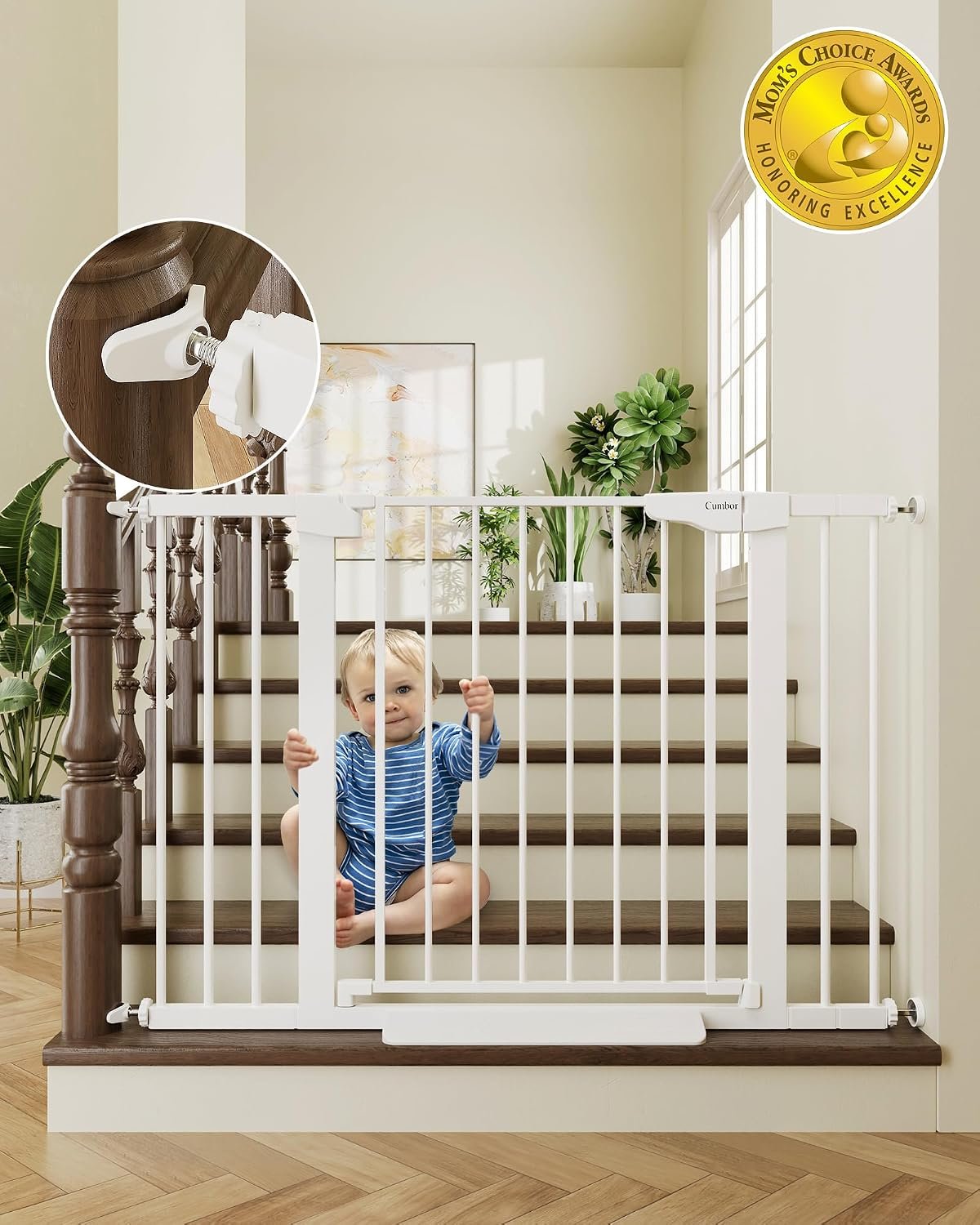 Cumbor 30-46″ Baby Gate for Stairs, Auto Close Dog Gate for Doorways White
