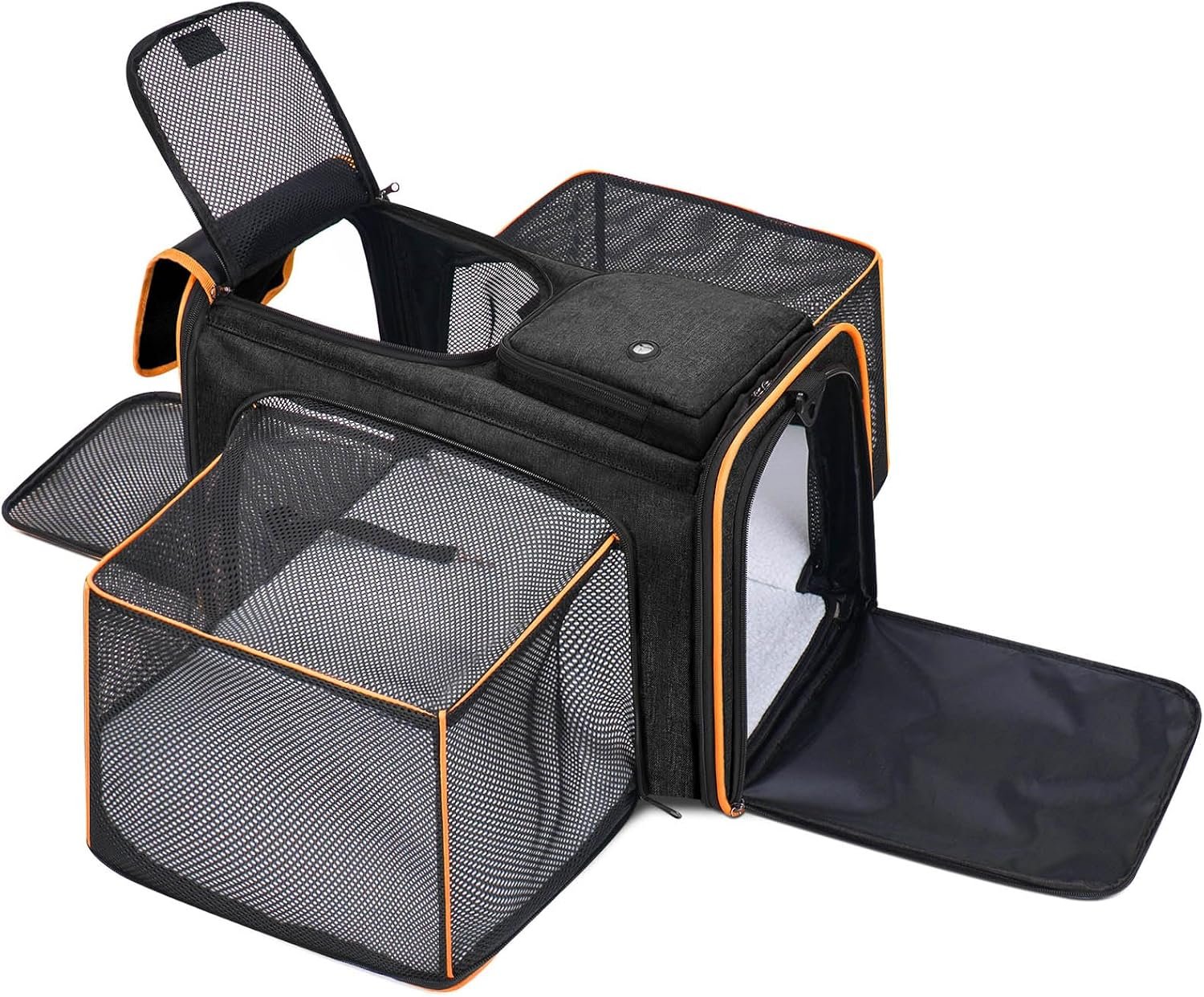 Pet Carrier, Large Soft Sided Expandable Travel Carrier with Steel Frame, Anti-Scratch Mesh, Removable Fleece Pad and Pockets for Cats, Dogs and Small Animals up to 15 lbs (Black, 4 Sides Expandable)