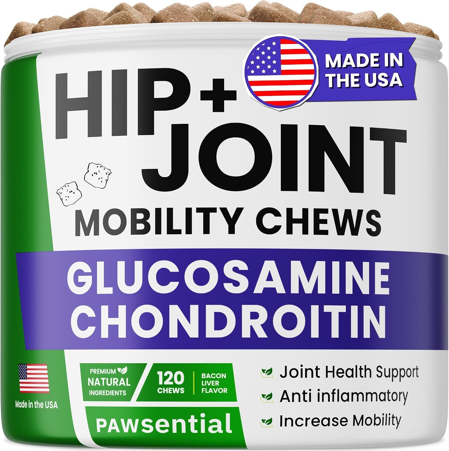 Glucosamine Chondroitin for Dogs – Joint Supplement w/Omega-3 Fish Oil – MSM – Advanced Mobility Chews – Joint Pain Relief – Hip & Joint Care – 120Ct – Made in USA