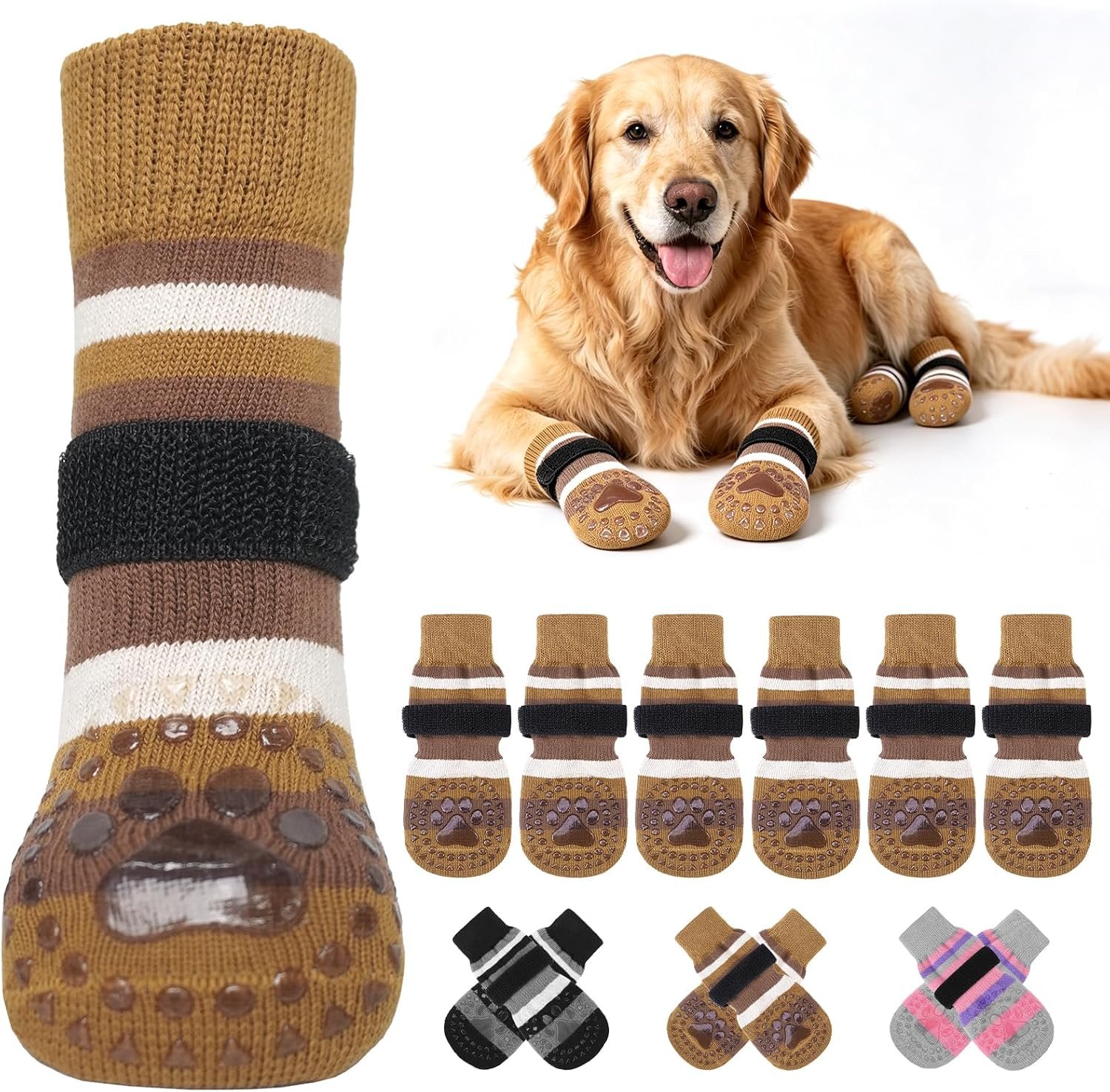 KOOLTAIL Non Slip Dog Socks Shoes to Prevent Licking Paws for Hot/Cold Pavement, Dog Booties with Grippers for Hardwood Floors, Puppy Boots & Paw Protectors for Small Medium Large Senior Dogs,Brown SM