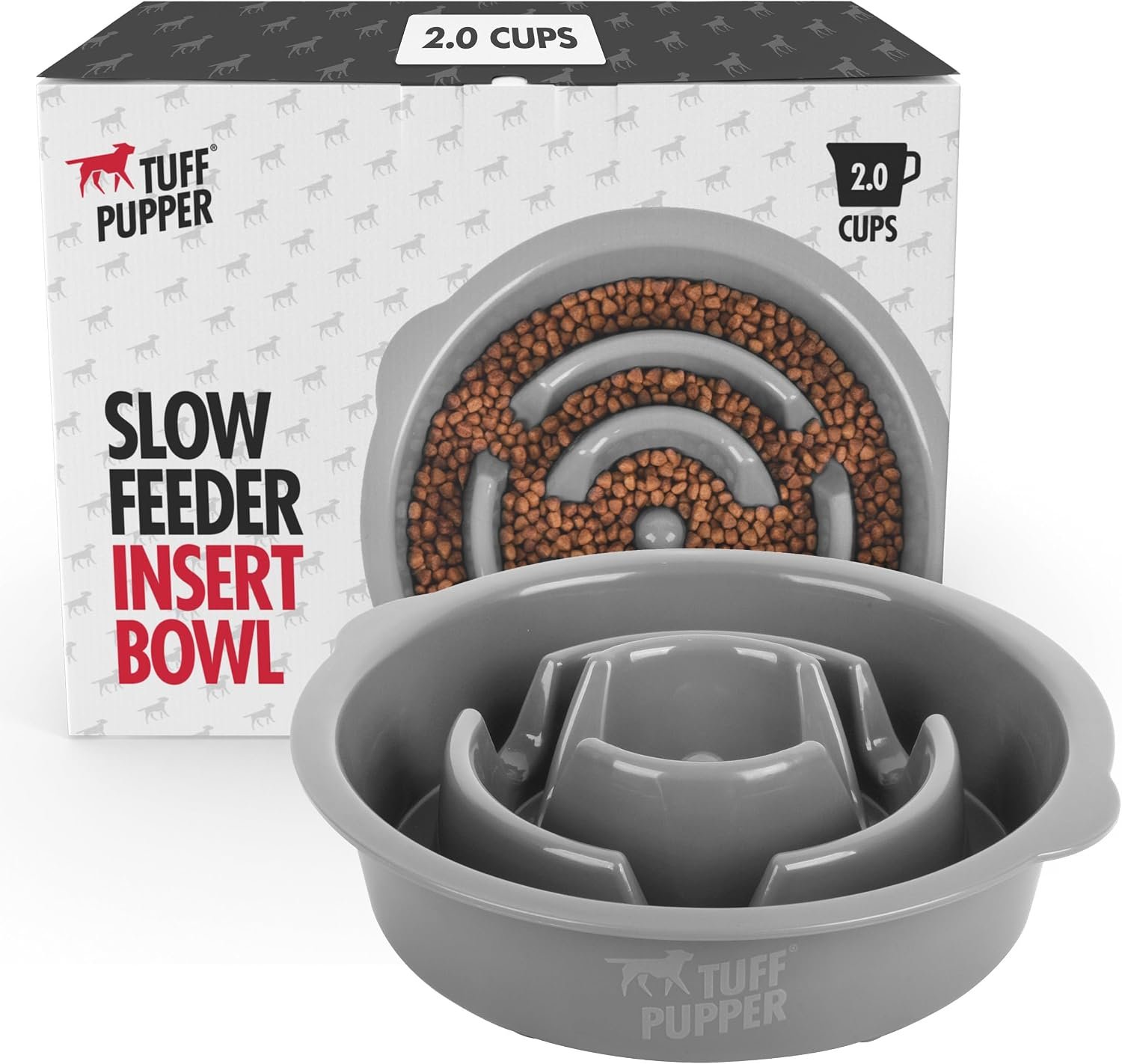 Tuff Pupper Slow Feeder Insert Bowl | Puzzle Maze Slows Down Eating | Elevated Feeder Tray Bowls | Standalone Dog Bowl | Pet Bowls Insert | Easy Clean Dishwasher Safe (2 Cups – Fits 7.5-8 Inch Hole)