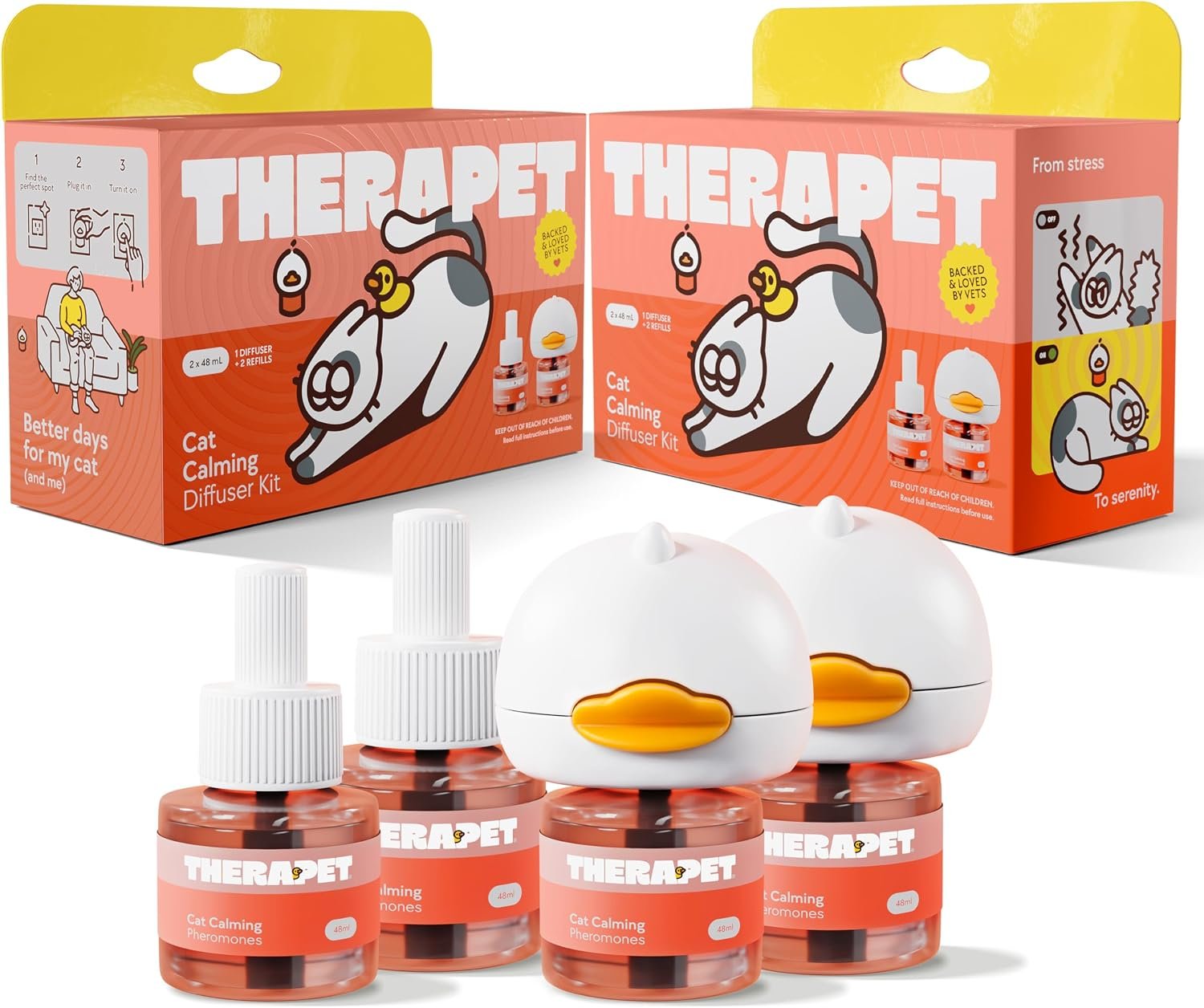 TherapetMD 2-Pack 120-Days Cat Calming Diffuser Kits – Dual-Pheromone Cat Diffusers for Stress, Pee Spraying, Fighting, Aggression, Meowing & Scratching – 2 Diffusers + 120-Days Refills – Box May Vary