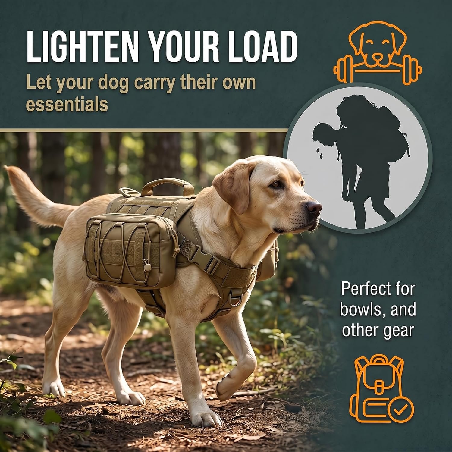 Tactical Dog Backpack Harness with Side Pockets for Medium-Large Dogs