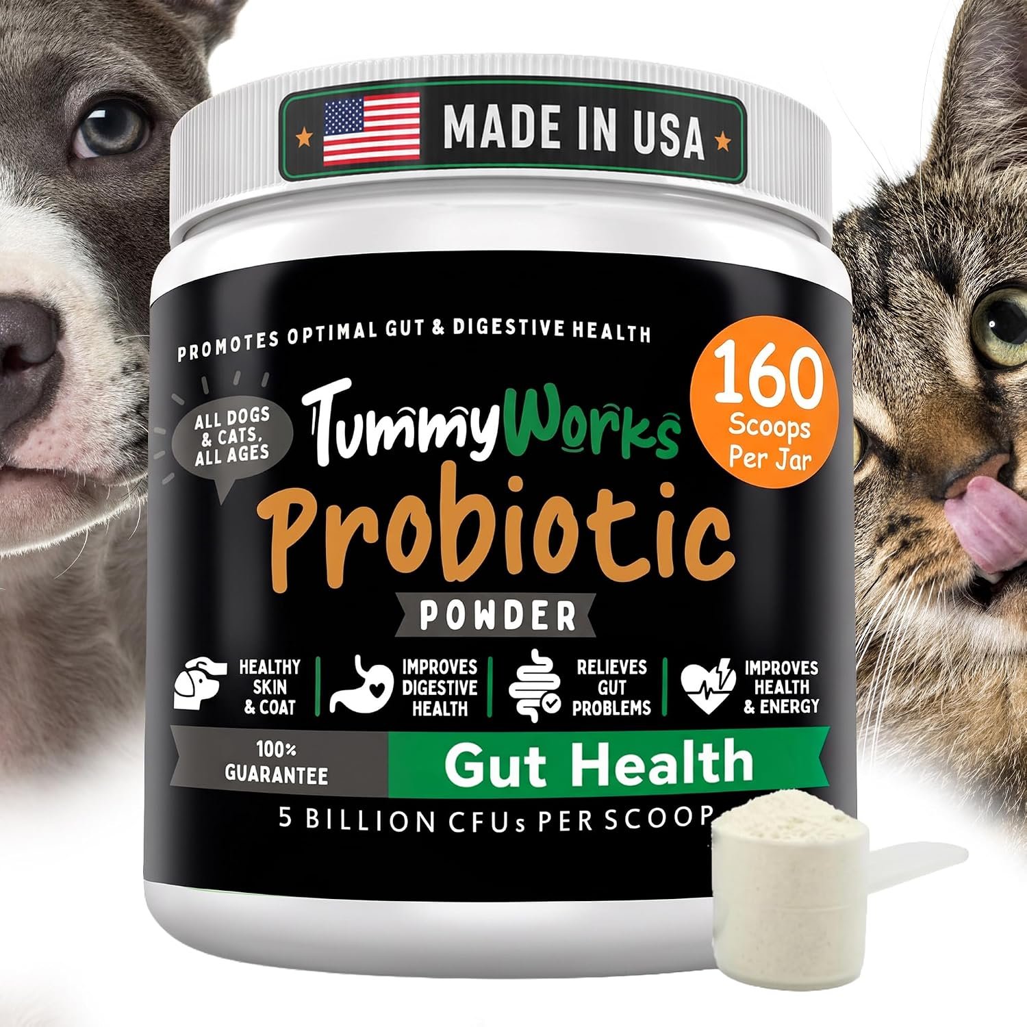 TummyWorks Probiotics for Dogs & Cats with Prebiotics, 160 Scoops. Made USA