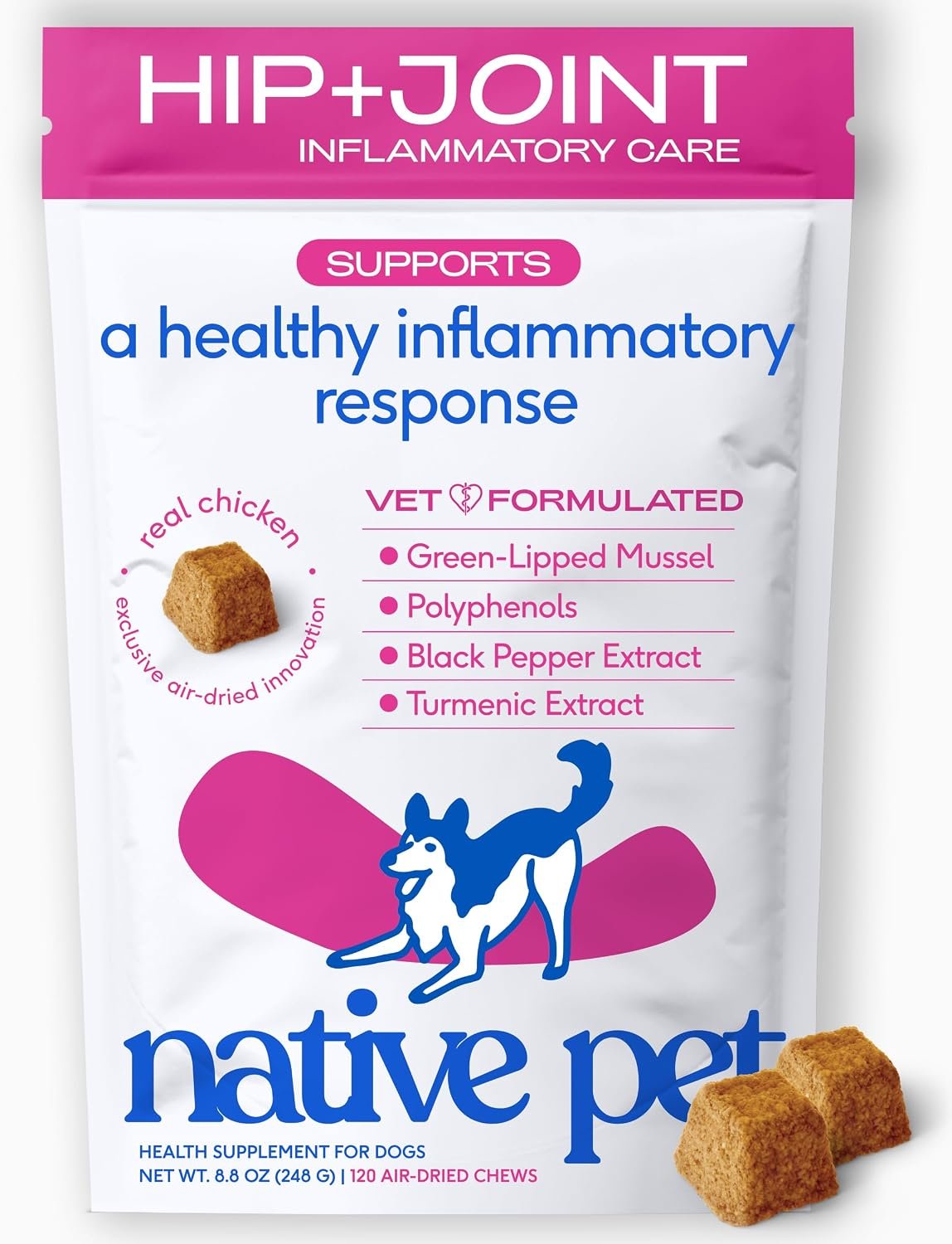 Native Pet Inflammatory Care – Pain Relief for Dogs – Green-Lipped Mussel, Turmeric & Collagen for Dogs – Hip and Joint Supplement Supports Healthy Inflammatory Response & Joint Comfort – 120 Chews