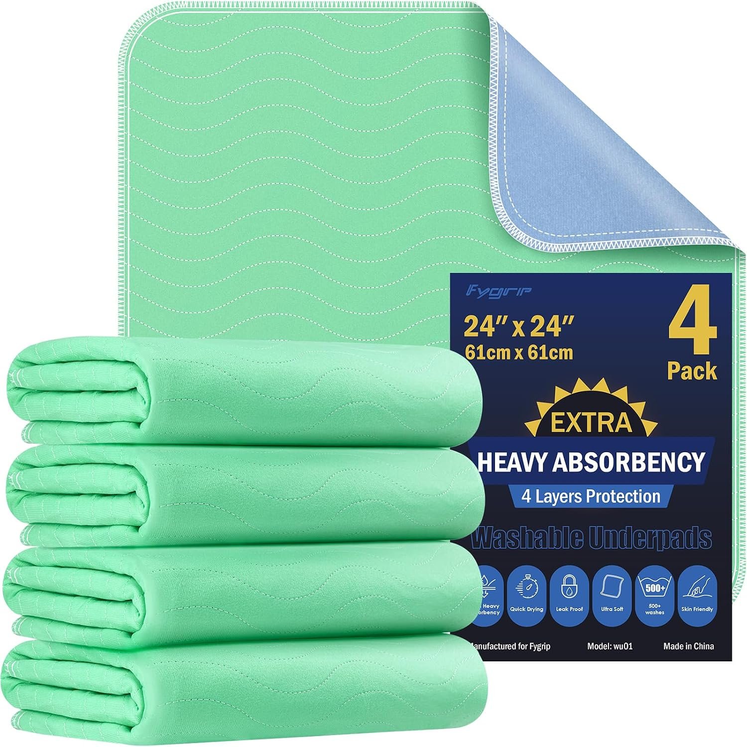 Fygrip 4 Pack 24” x 24” Extra Heavy Absorbency Washable Underpads Bed Pads
