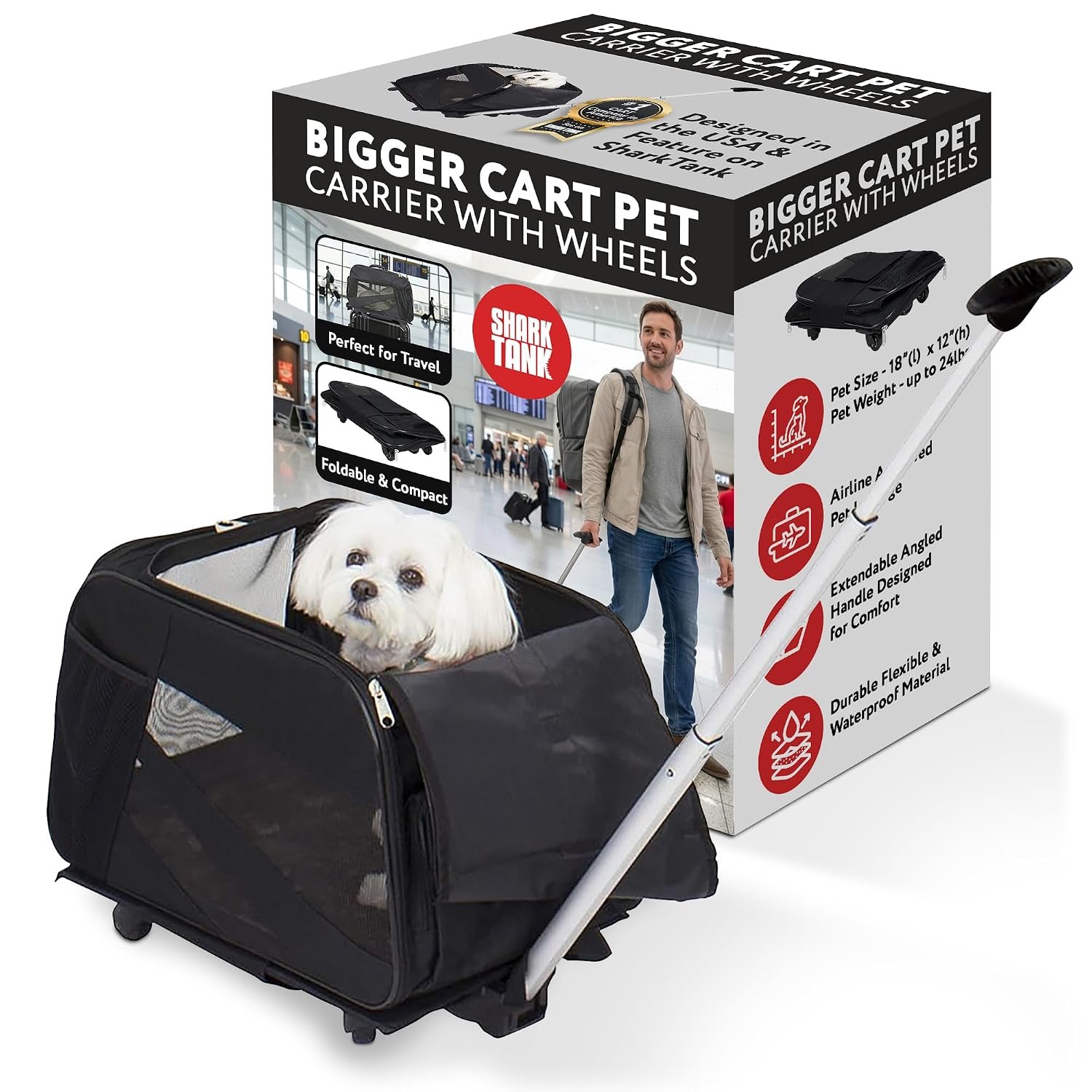 dbest products Rolling Pet Carrier with Wheels Airline Approved – TSA Dog Cat Carrier for Airplane Travel – Wheeled Pet Carrier 18x12x20 for Pets up to 24lbs – Collapsible Travel Bag