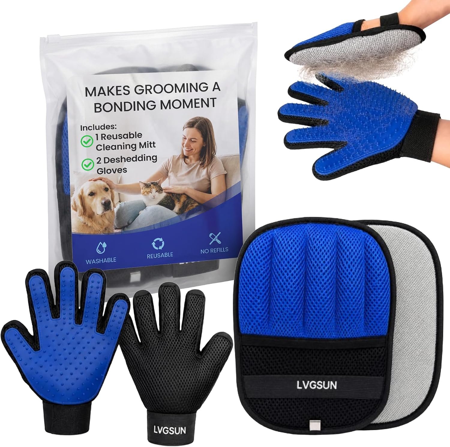 Cat Grooming Kit for Shedding – Deshedding Gloves + Self-Cleaning Mitt