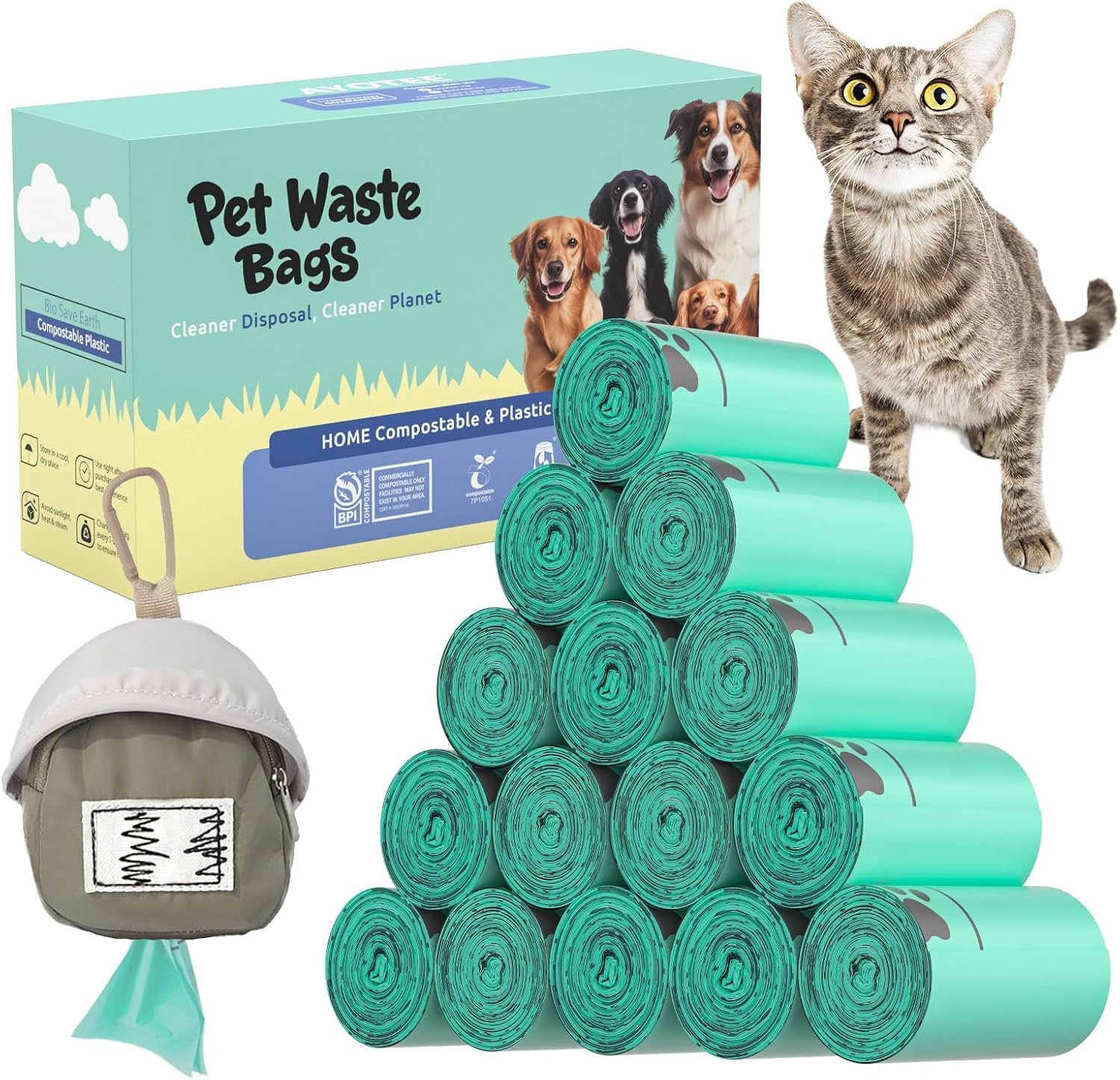 AYOTEE 100% Compostable Dog Poop Bags with Dispenser, Plastic-free, 280 Ct