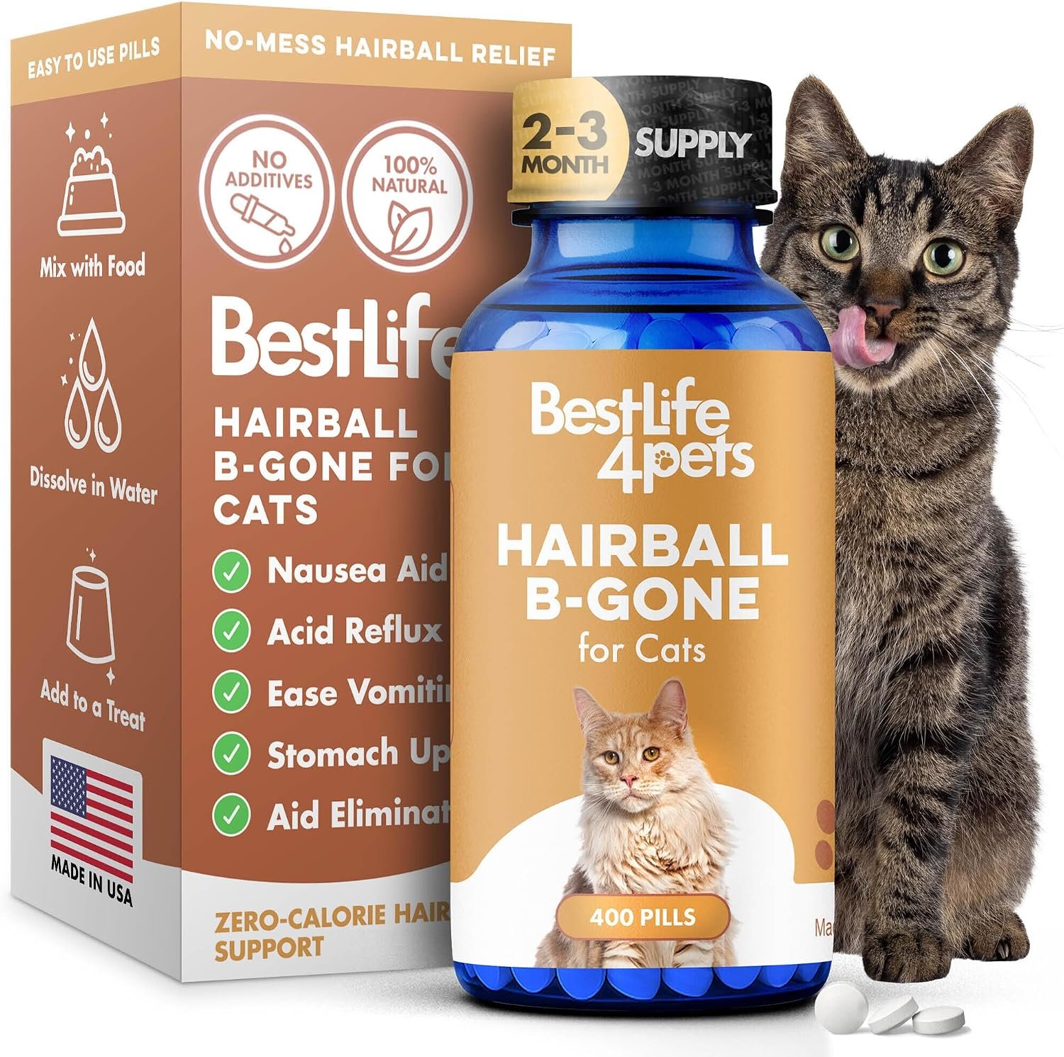 Hairball Treatment for Cats & Stomach Comfort Remedy – Supports Digestive Balance, Natural Elimination & Easy Passage of Hair – Gentle Daily Formula for Adult Cats & Seniors – 400 Tiny Pills