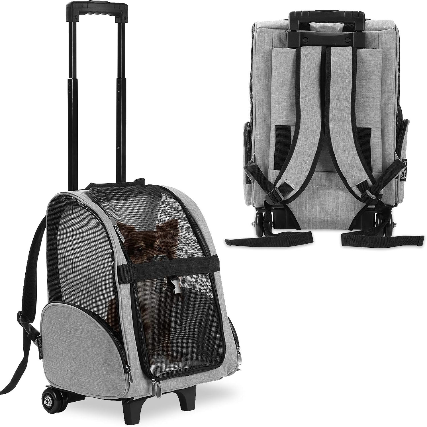 KOPEKS Deluxe Backpack Pet Travel Carrier with Double Wheels for Pets up to 10 Pounds – Black – Approved by Most Airlines