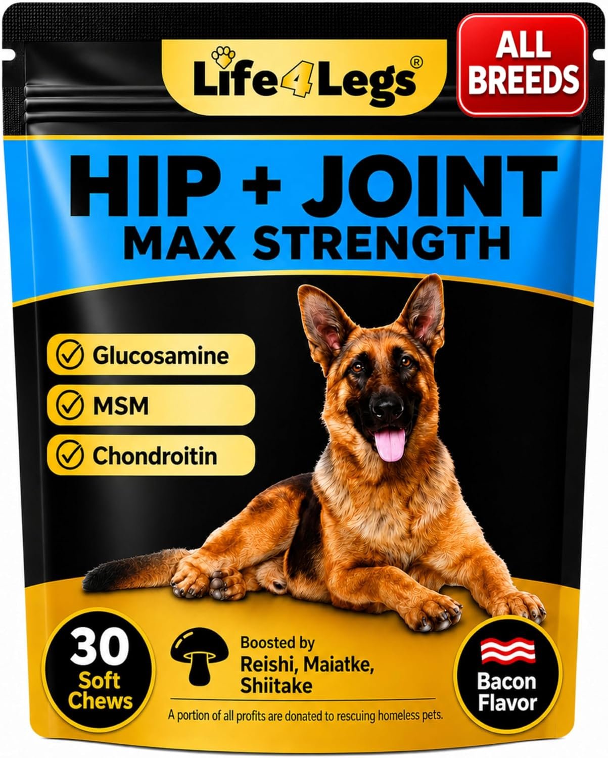 Premium Hip and Joint Supplement for Dogs, Eggshell Membrane, Green Lipped Mussel, Glucosamine, Chondroitin, MSM, Turmeric & Omega 3, 30 Soft Chews Bacon Flavour