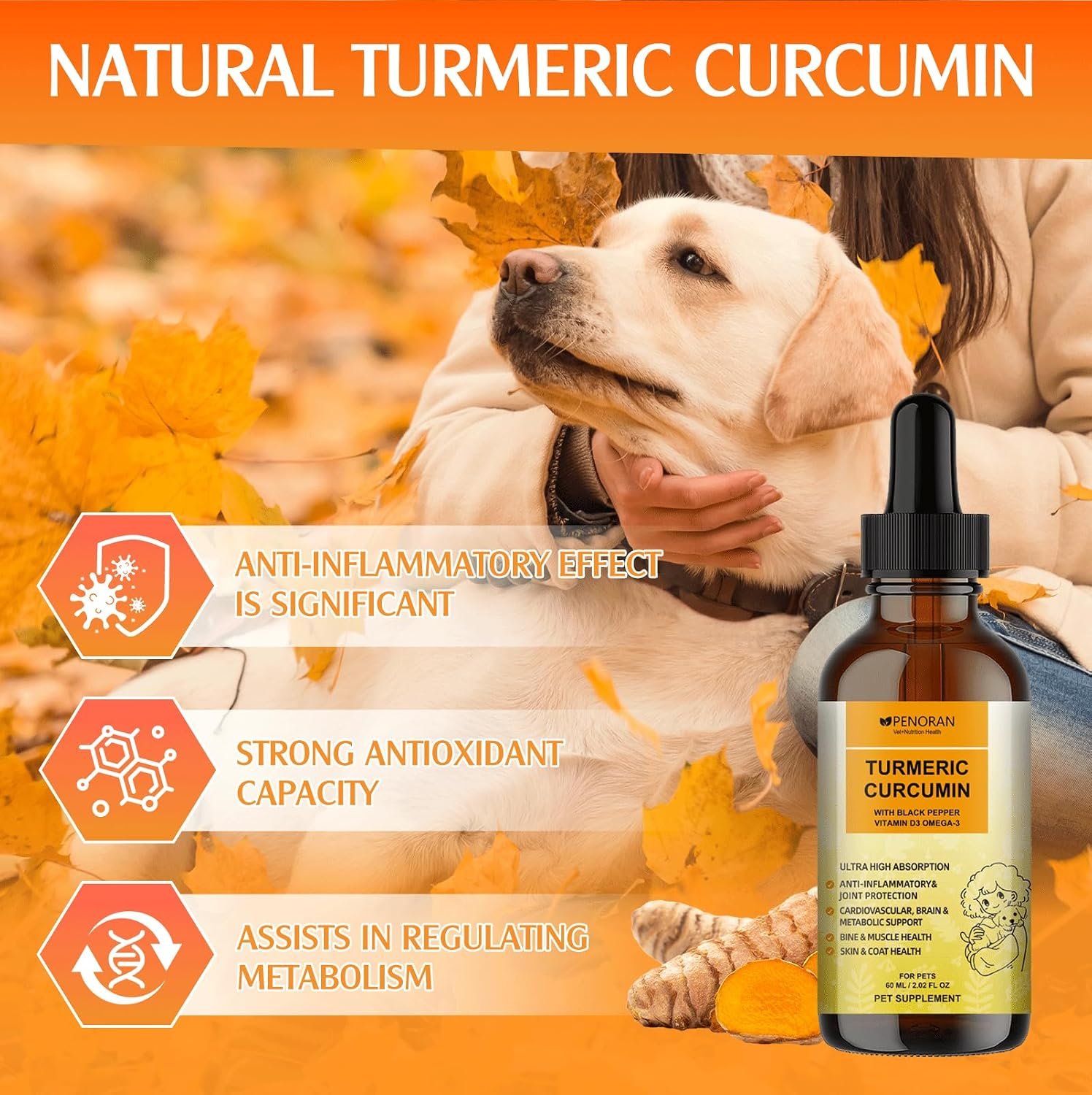 Turmeric Curcumin Drops for Dog & Senior Dogs: Anti-inflammatory Pain Relief, Eliminates Joint Pain, Improve Joint Mobility,Brain, Liver, Bone, Muscle, Skin&Coat – Liquid Absorb Better
