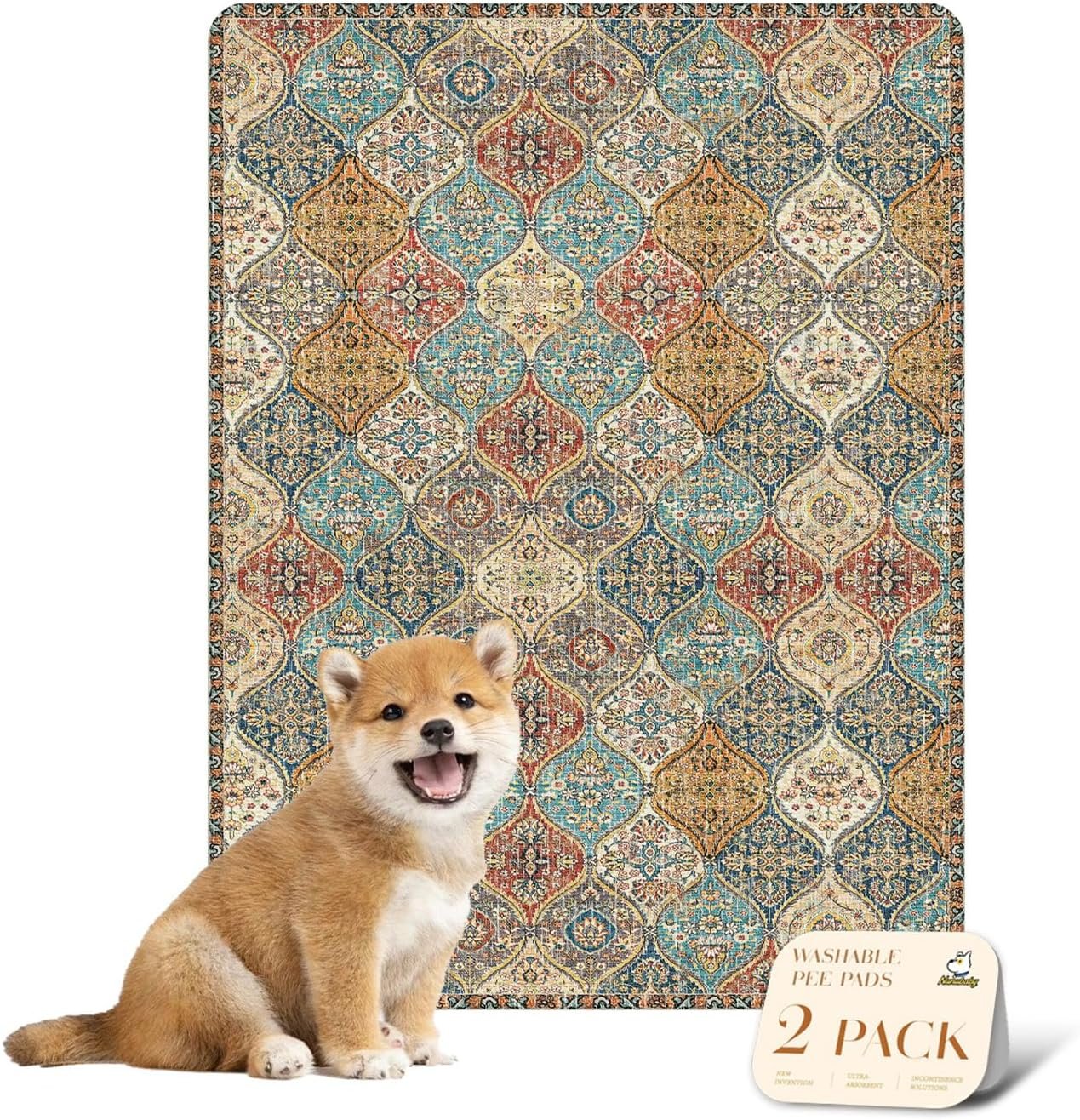 nunubaby Washable Pee Pads for Dogs, Stylish, Non-Slip and Leak-Proof Pee Mat. Ultra-Absorbent Reusable Potty pad for Crates and Floors.(Cream/Multi, 18″ x24″ )