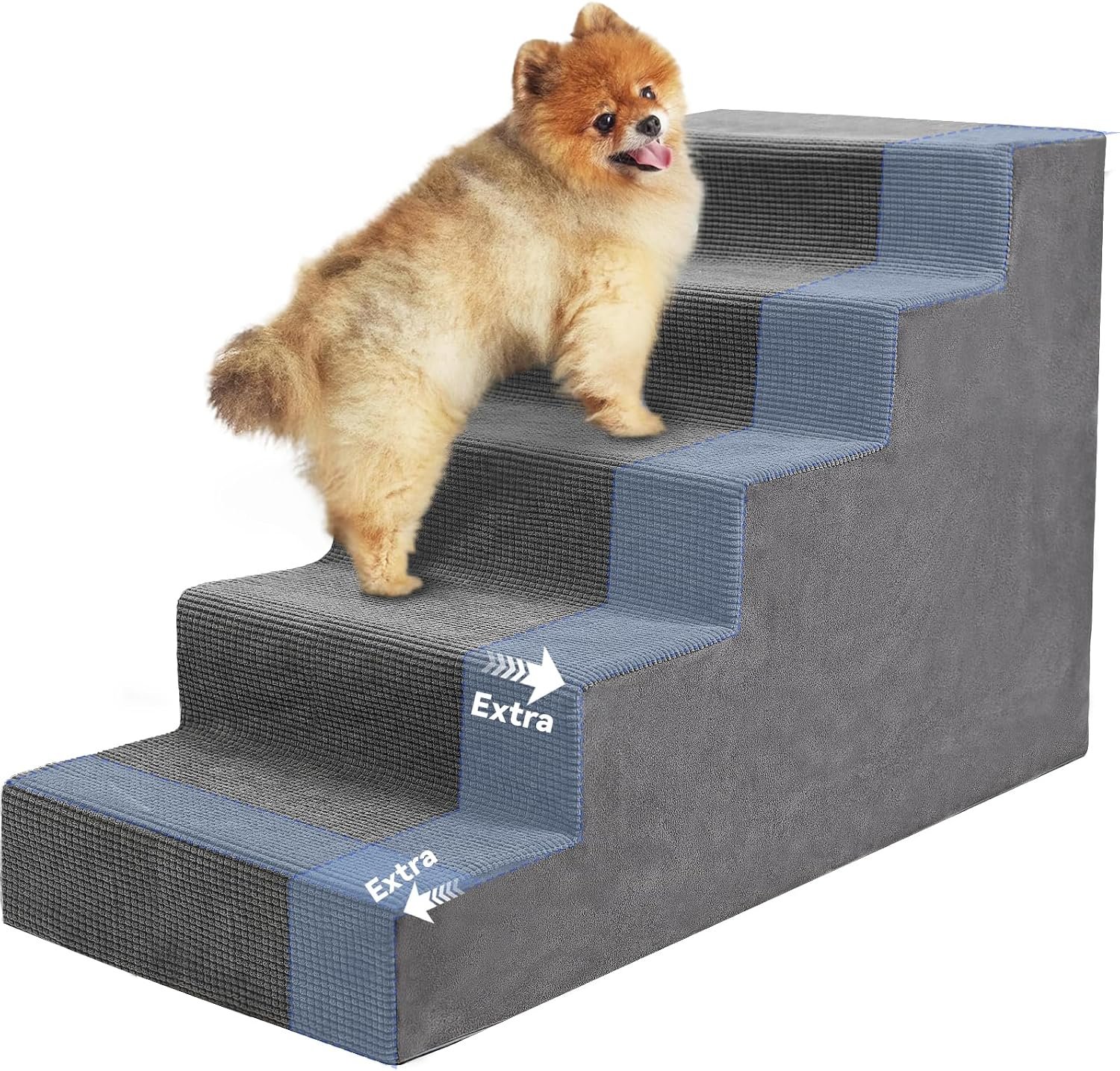 Niubya Dog Stairs for Small Dog and Cats,23”H Non-Slip Bottom Pet Steps for High Beds and Couch,Extra Wide High-Density Foam Pet Stairs Grey,5 Steps