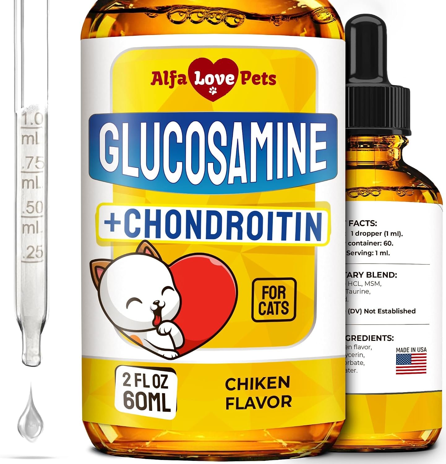 Liquid Glucosamine for Cats with Chondroitin – Taurine for Cats Works for Hips, Ligaments, Muscles, Circulation Maintenance – Cat Supplements with Natural Chicken Flavor 2-oz Bottle