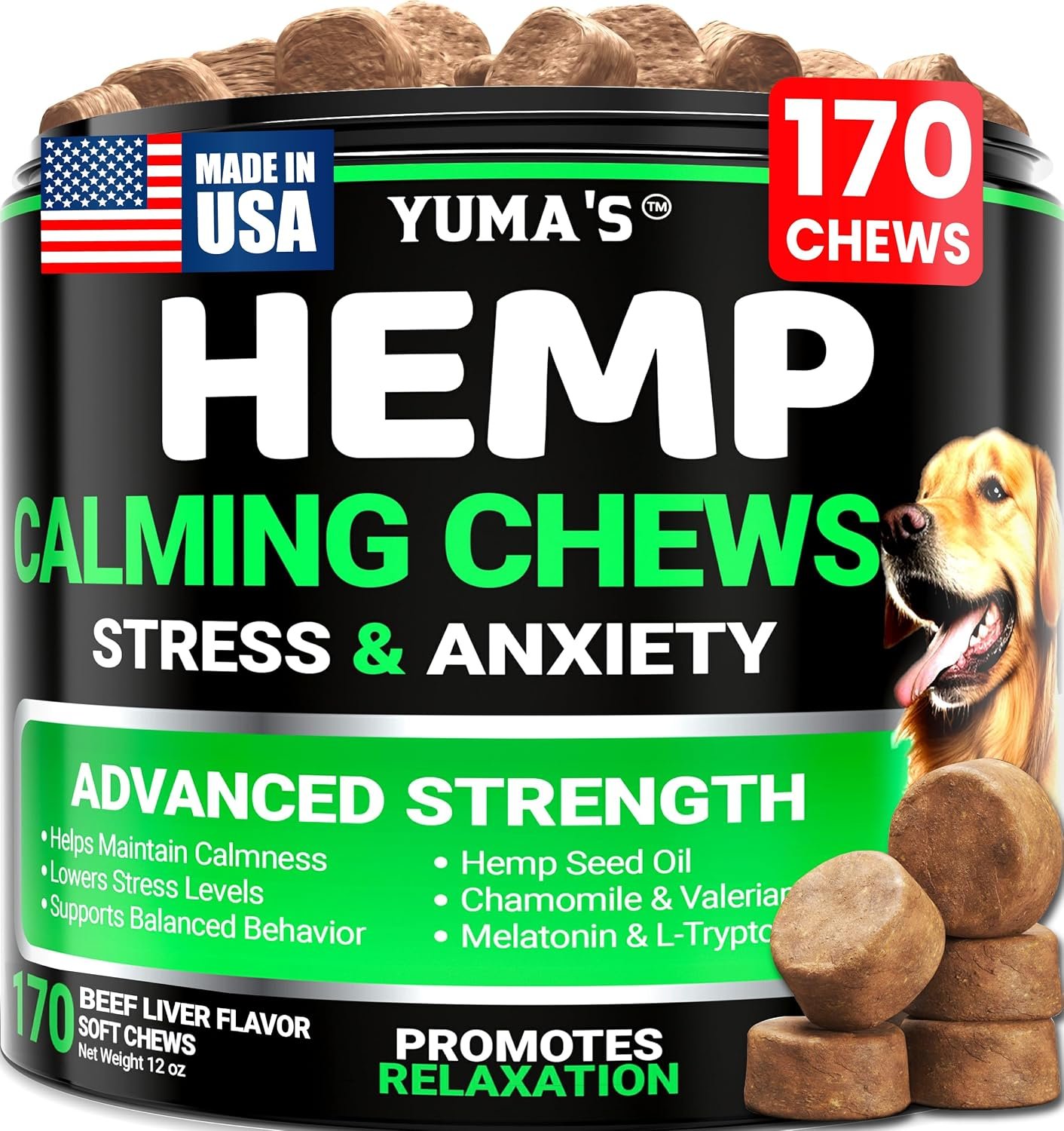 Hemp Calming Chews for Dogs – 170 Treats – Advanced Dog Calming Chews