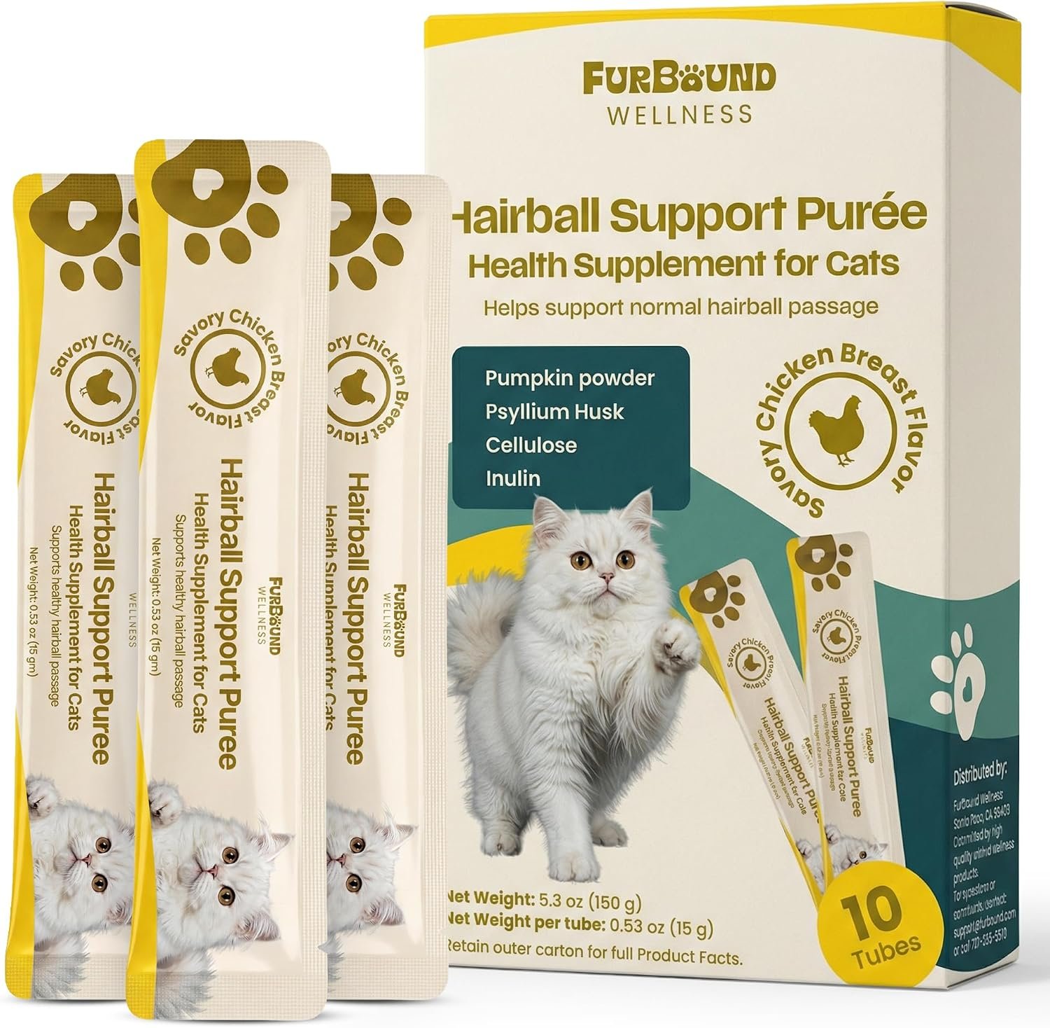 Wellness Hairball Support Puree for Cats – Fiber Health Supplement with Pumpkin Powder, Psyllium Husk, Cellulose, Inulin for Furball Relief – Savory Chicken Breast Flavor – 10 Tubes