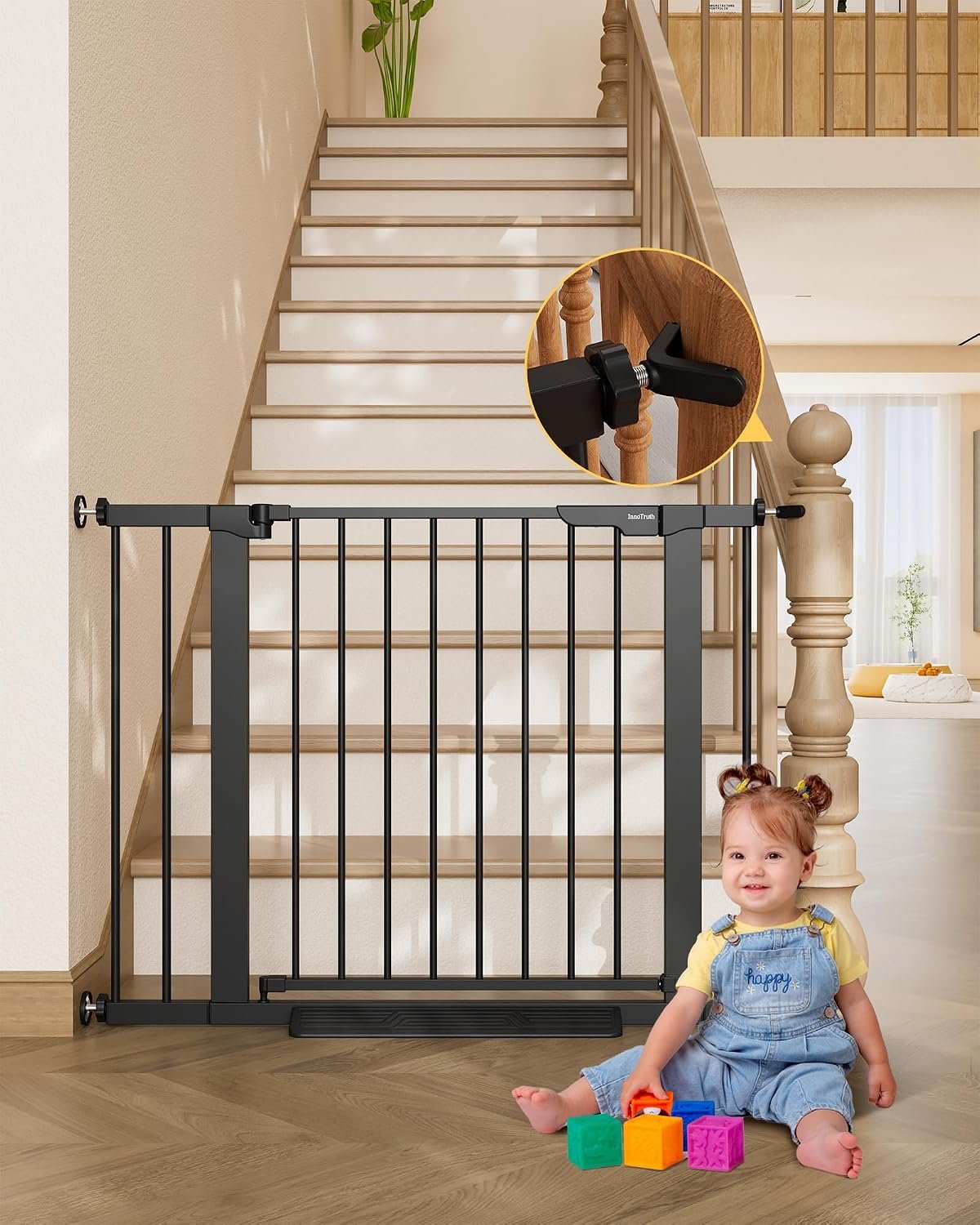InnoTruth 29.6-39.1 in Wide Baby Gate for Stairs and Doorways, Black
