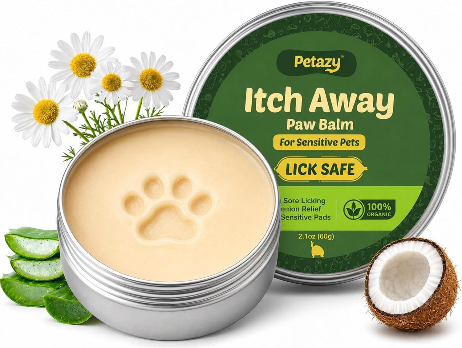 Petazy Dog Paw Balm – Itch Away, Dry, Cracked Paws & Nose, Lick-Safe, 2.1oz