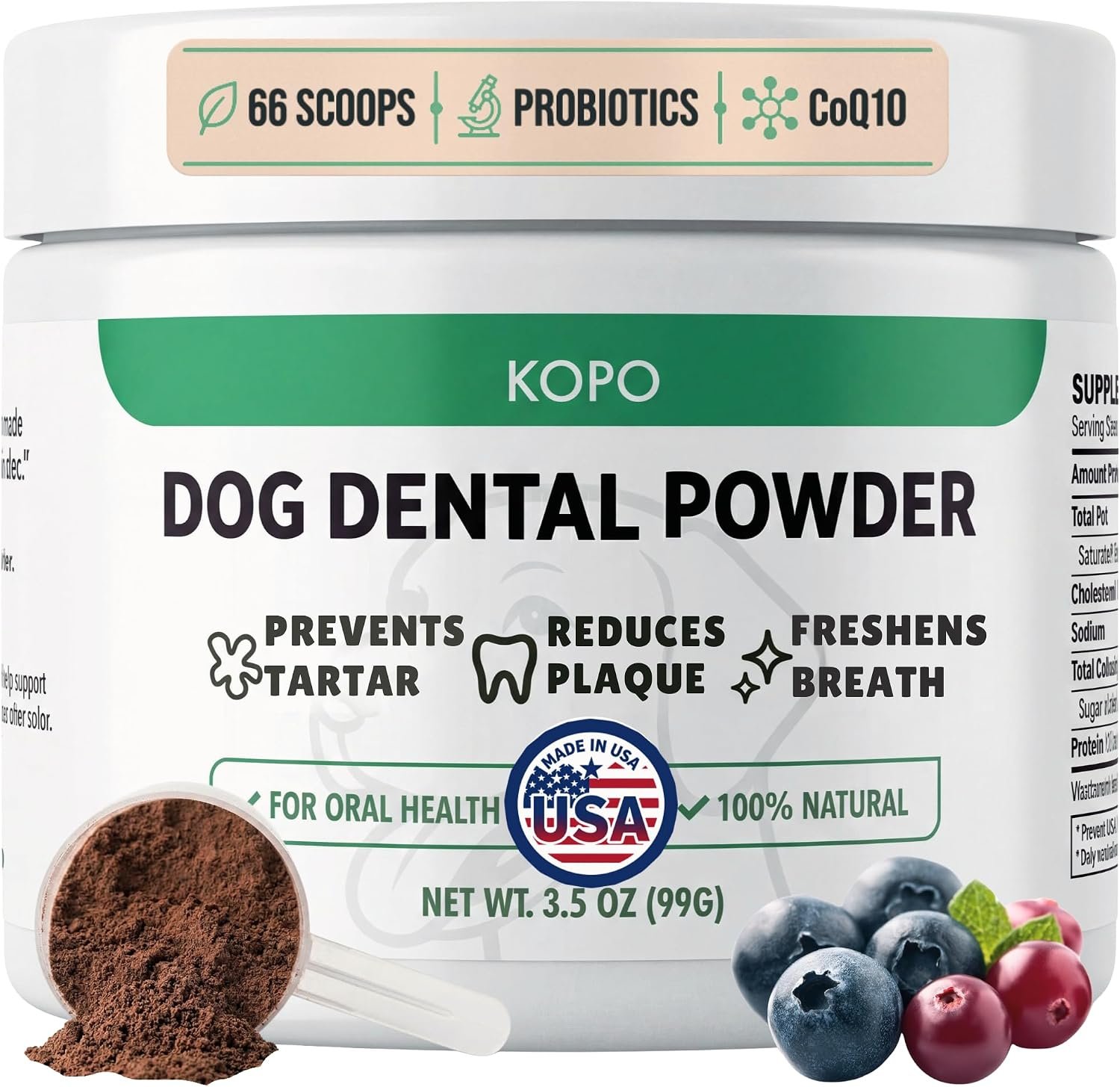 KOPO Dog Dental Powder | Plaque, Tartar & Bad Breath Support with CoQ10, Probiotics & Kelp | Natural Teeth Cleaning Powder for Dogs | Beef Flavor | All Breeds | Made in USA | 66 Scoops