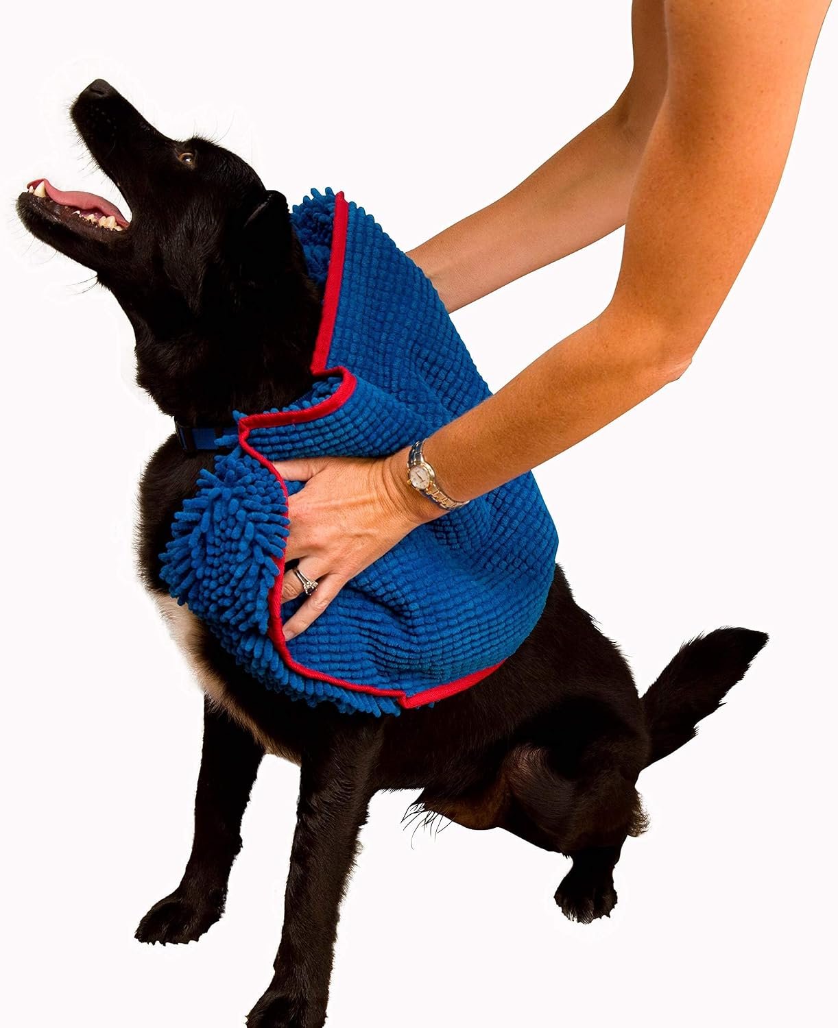 Soggy Doggy Doormat Super Shammy Blue One Size 31-inch x 14-inch Microfiber Chenille Dog Towel with Hand Pockets, Blue Red Trim, 300