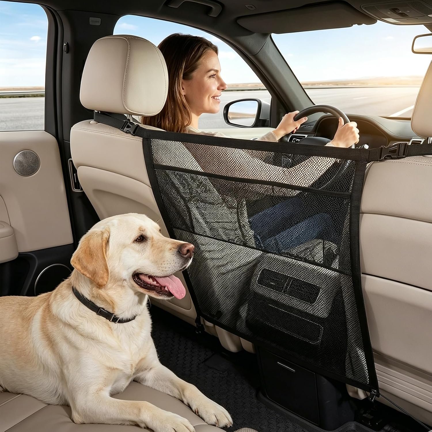 Dog Car Barrier for Backseat Safety with Mesh Storage Pocket for Car/SUV