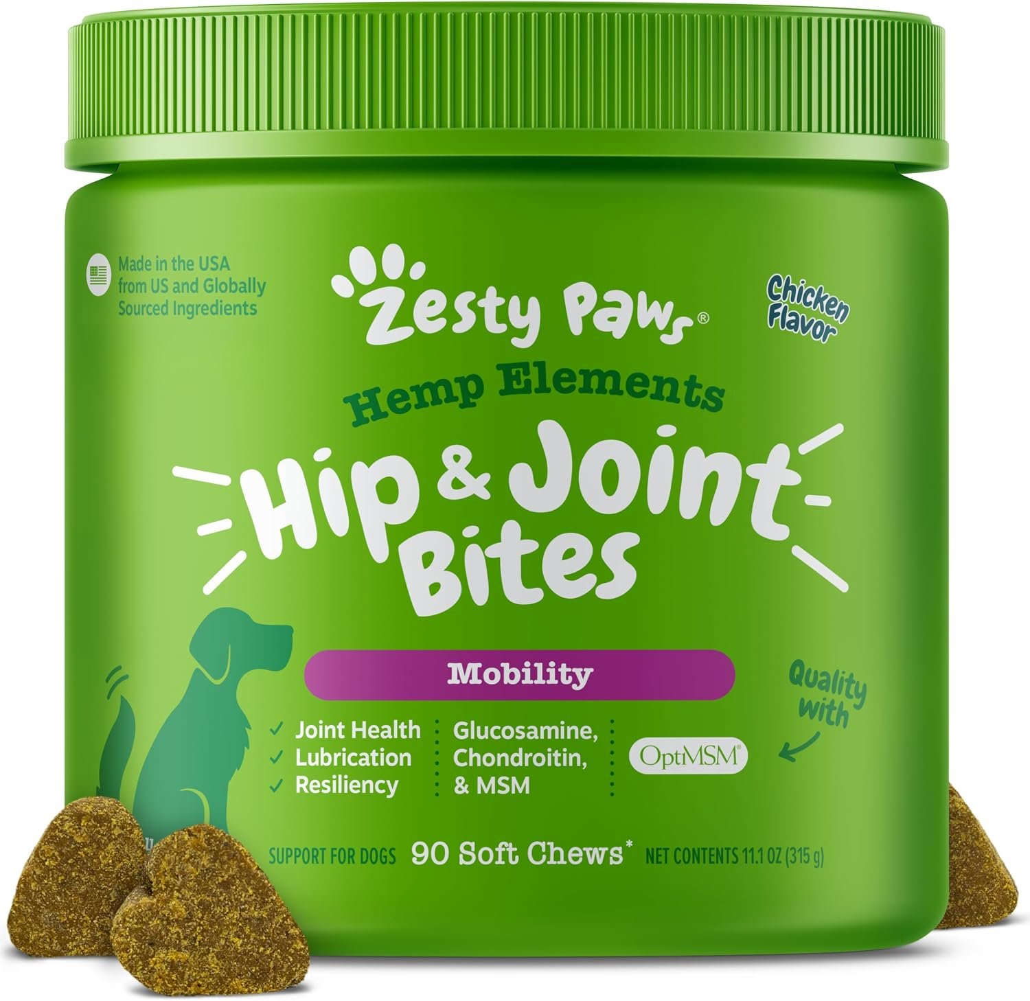 Zesty Paws Glucosamine for Dogs – Dog Joint Supplement + Hemp, Chicken 90ct