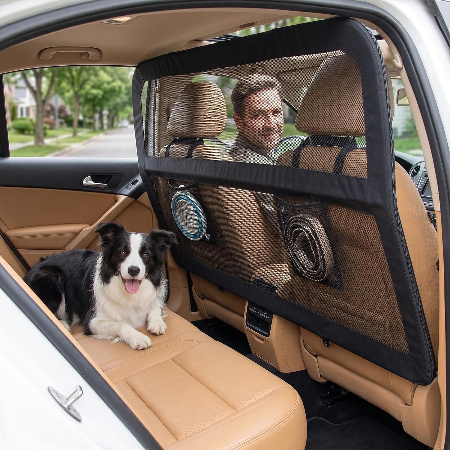 Dog Car Barrier for Cars SUVs Trucks – 50″ Wide Pet Divider for Back Seat & Cargo Area, Heavy-Duty Metal Frame with Chew-Proof Transparent Mesh, Universal Fit Car Dog Gate for Travel Safety