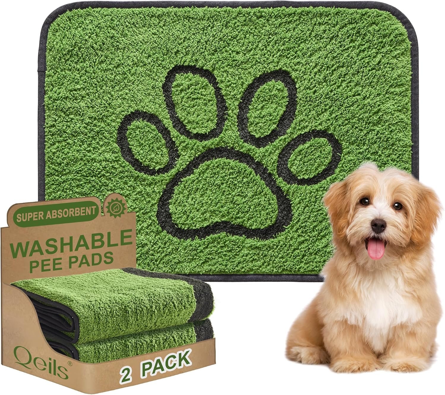 Qeils Reusable Dog Pee Pads, Washable Puppy Pads, Leak-Proof 18″x24″ 2 Pack