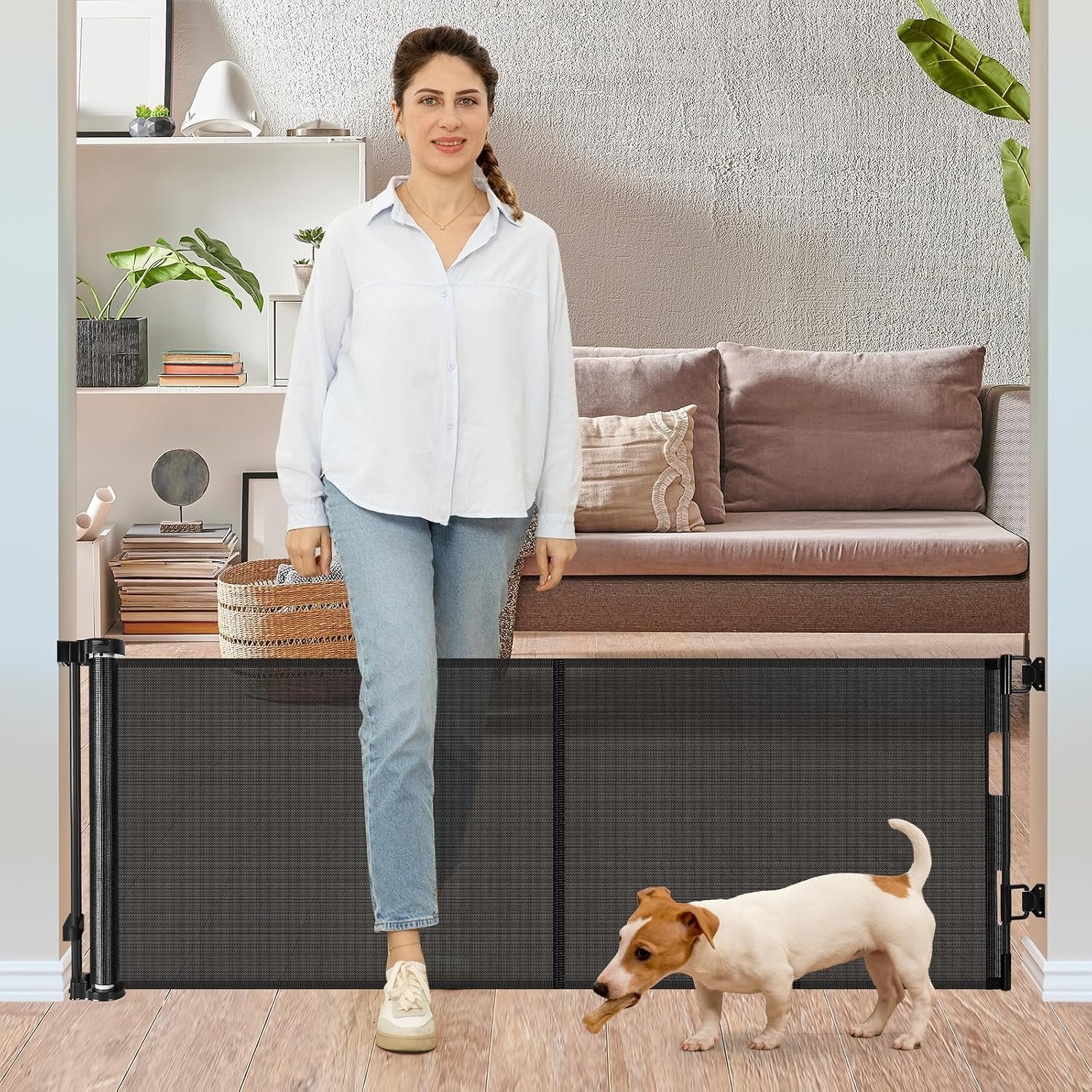 24 Inches Tall Retractable Baby Gates for Doorways, Short Dog Gates to Step Over, Extends up to 55″ Wide, Reinforced Mesh Baby Gate for Kids or Pets, Doggie Gates Puppy Gates for The House (Black)
