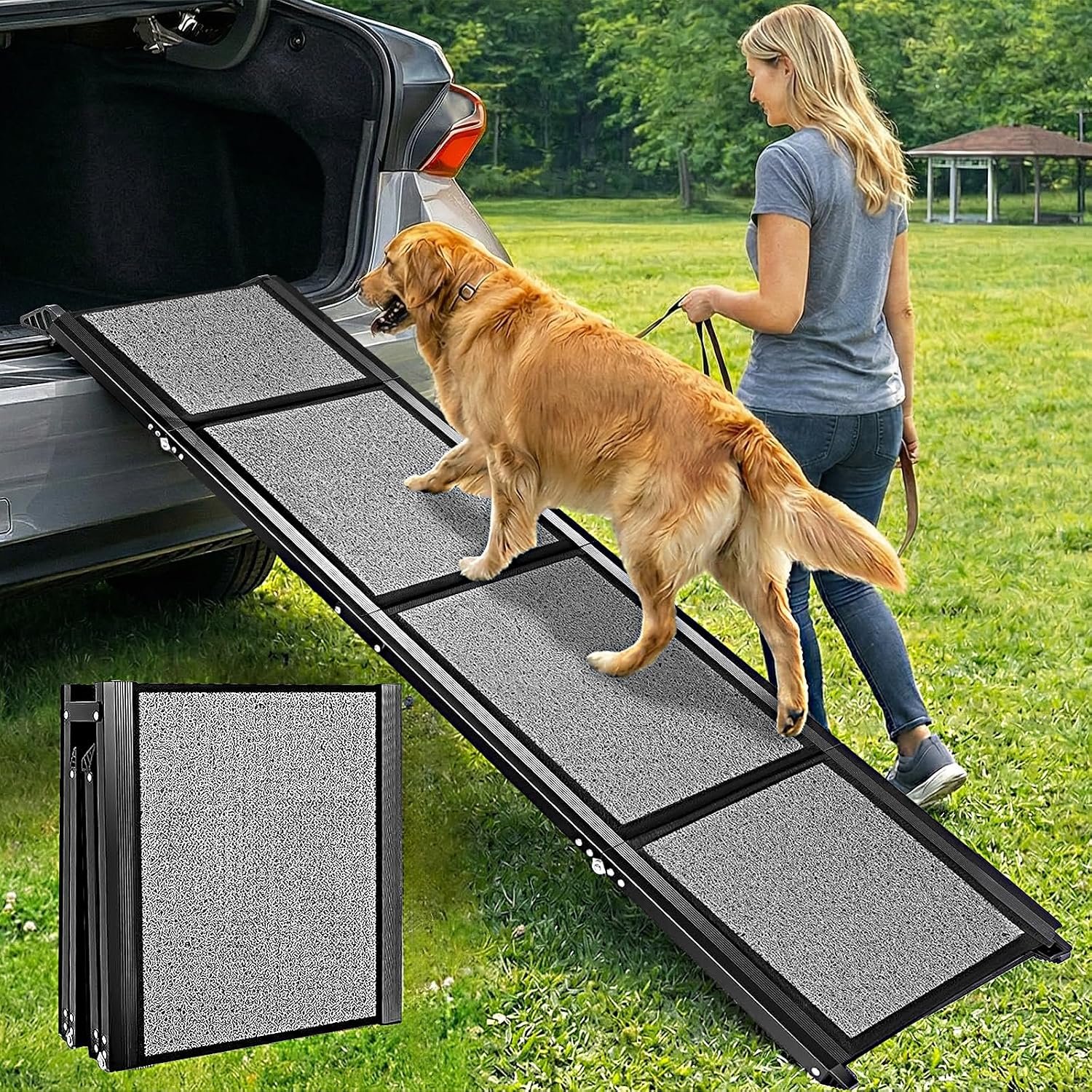 Dog Ramp for Cars 71″Long x 20″Wide SUV & Trucks, Non-Slip Surface Aluminum Pet Ramps for Small & Large Dogs–Heavy Duty Foldable Lightweight Portable Ramp for Senior Dogs High Bed Couch Outdoor 250lbs