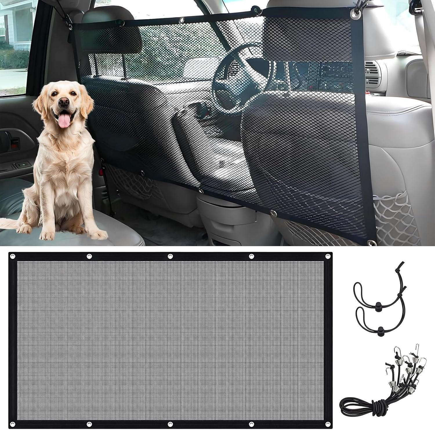 Car Dog Barrier Net Universal Dog Barrier for Car with Adjustable Ropes and Hooks One-Piece Design Mesh for Most Cars, SUVs, Pickups, Trucks and Vans(45×24 Inches)