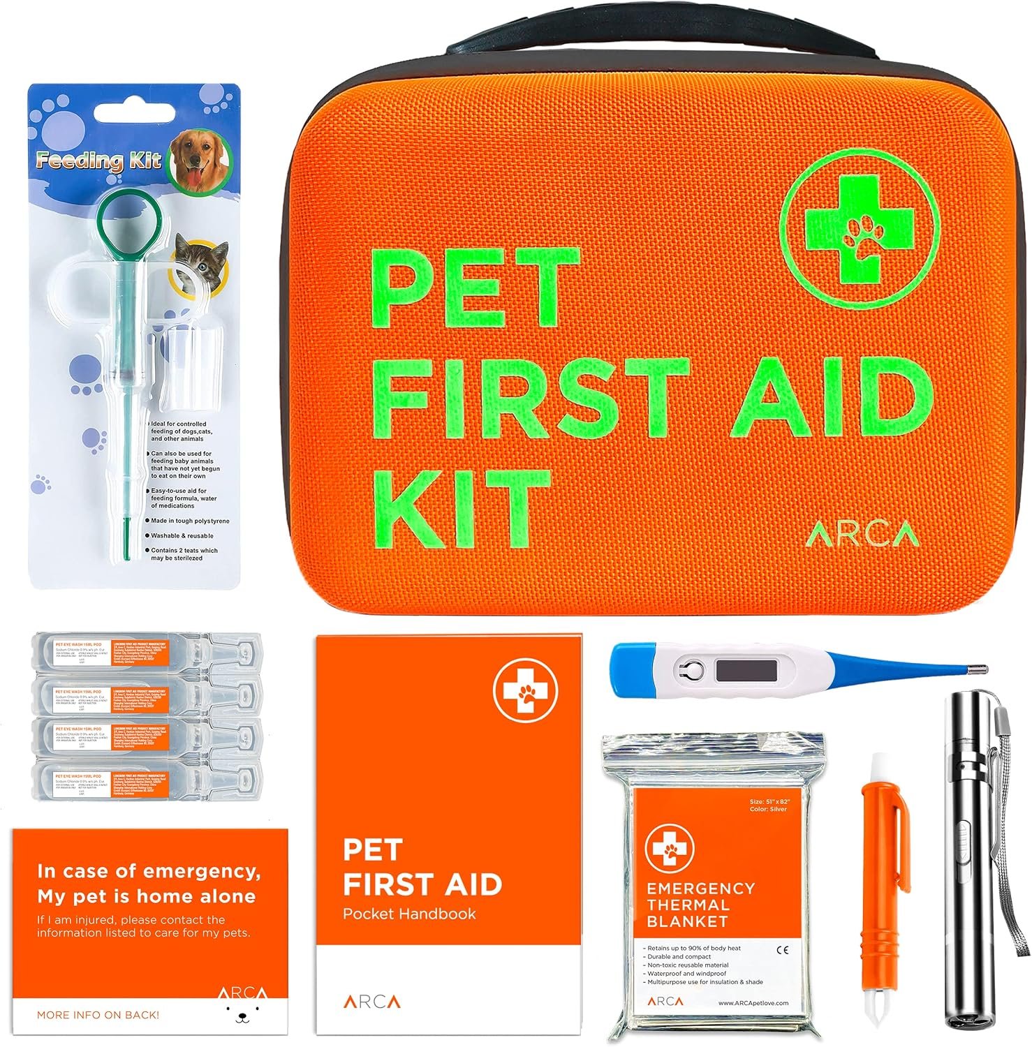 ARCA PET Cat & Dog First Aid Kit – High Visibility Reflective Zipper with Fluorescent Letter Print – 100 pcs with Dog Thermometer, Tick Remover Kit & Pet First Aid Kit Manual Book