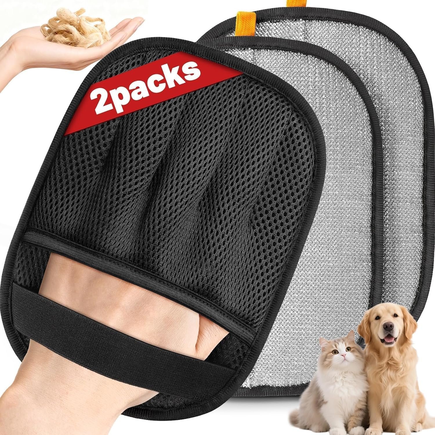 Pet Hair Removal Glove for Dogs & Cats, 2 Packs Five-Finger Grip, Black