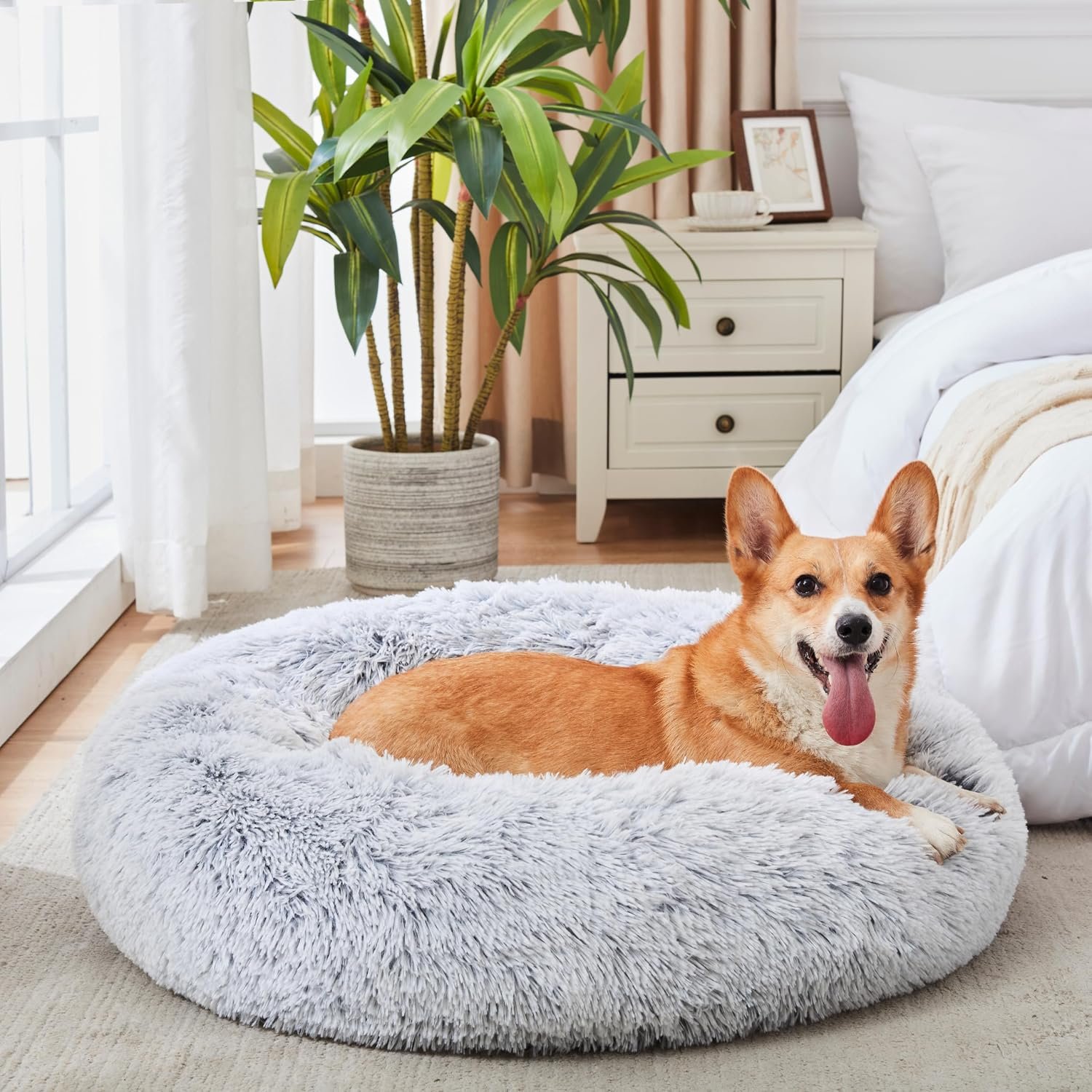 Western Home Calming Donut Medium Dog Bed Washable Pet Bed,30″ Light Grey