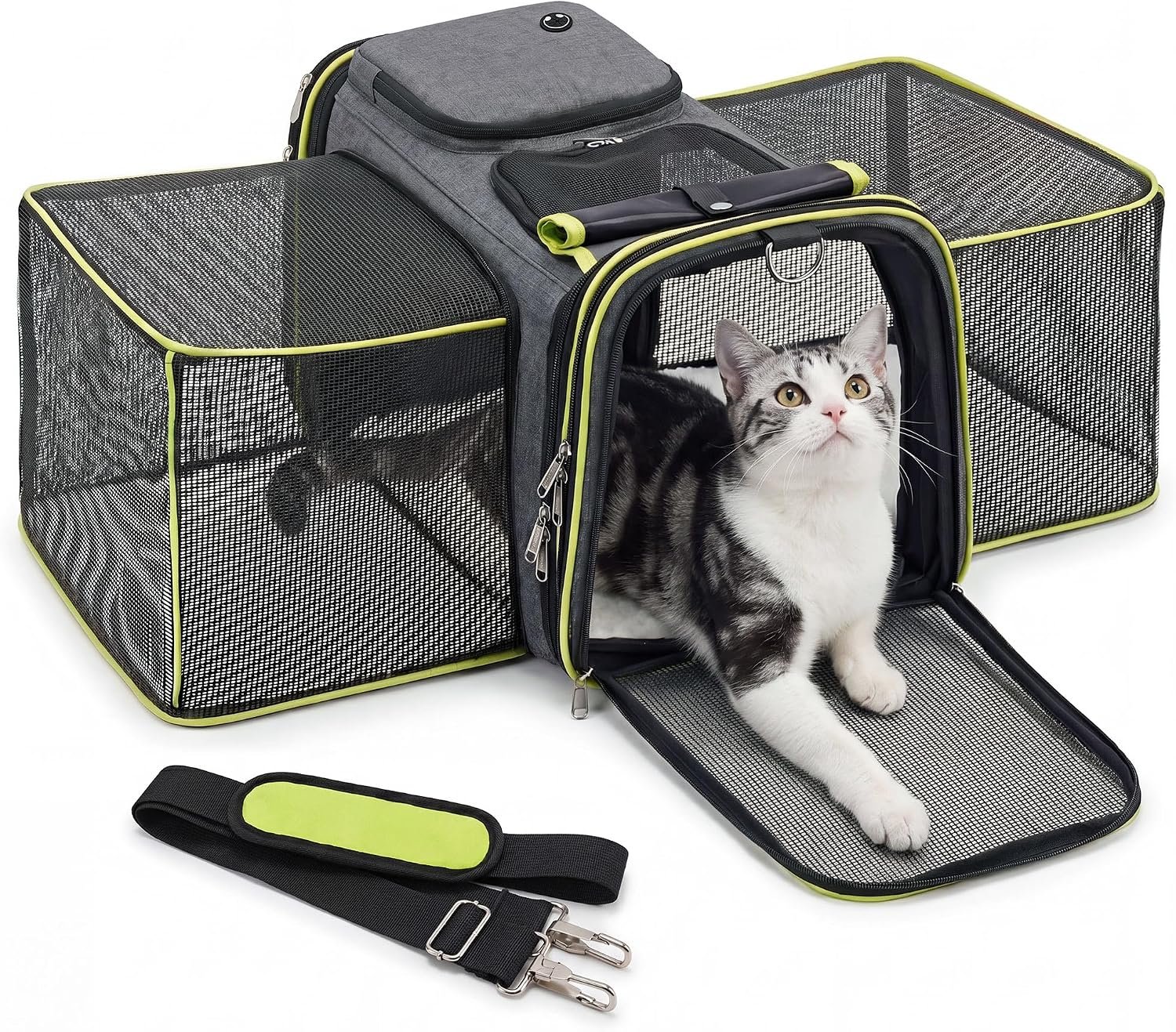 Large Expandable Cat Carrier, Airline Approved with Ventilated Top Side Panels, Durable Chew-Resistant 600D Fabric, for Cats and Small Dogs, Car Airplane Travel, Green