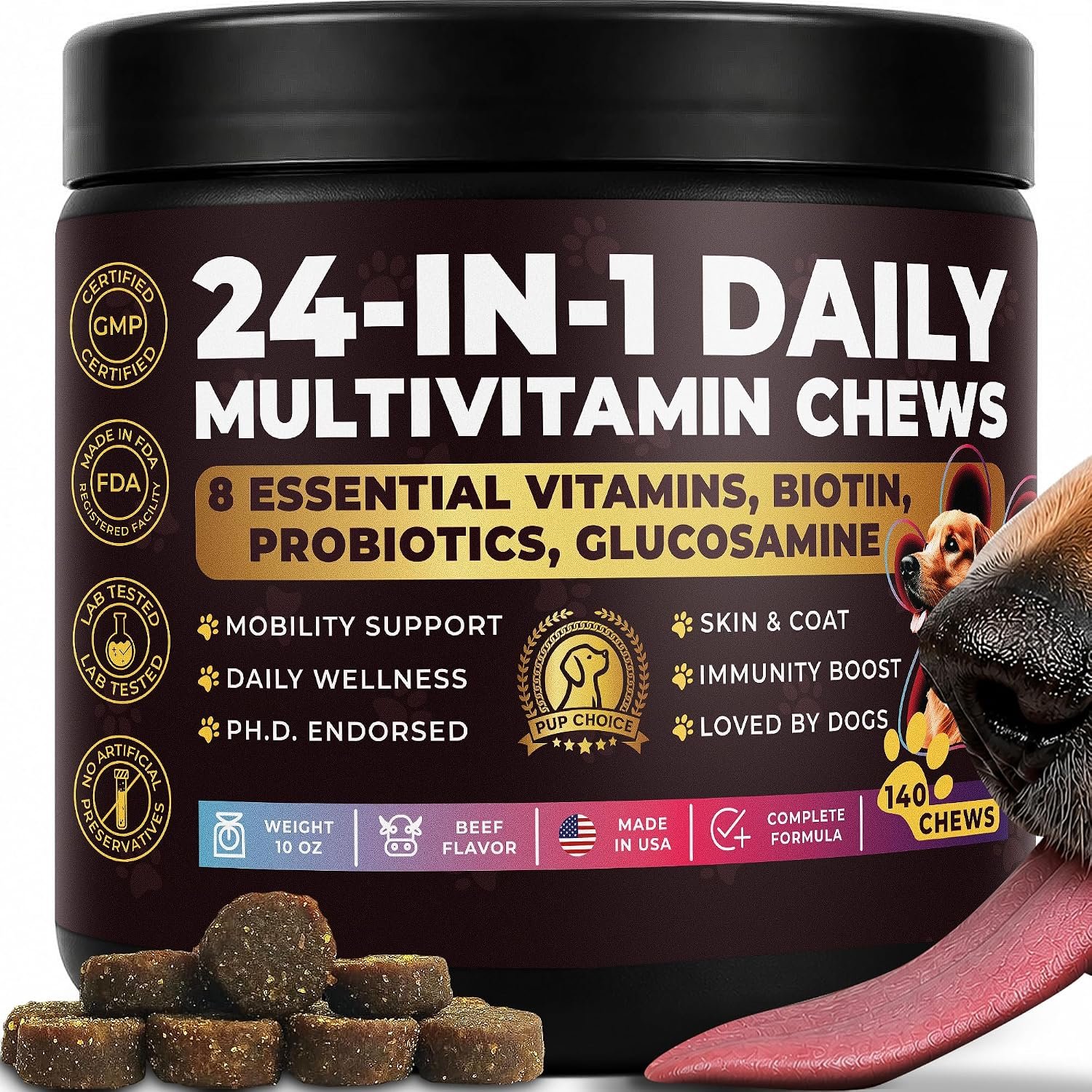 24-in-1 Dog Multivitamin Chews – Dog Vitamins and Supplements with Glucosamine, Chondroitin, Probiotics, Salmon Oil, Biotin – Daily Mobility, Digestion, Skin and Coat Support, Beef Flavor