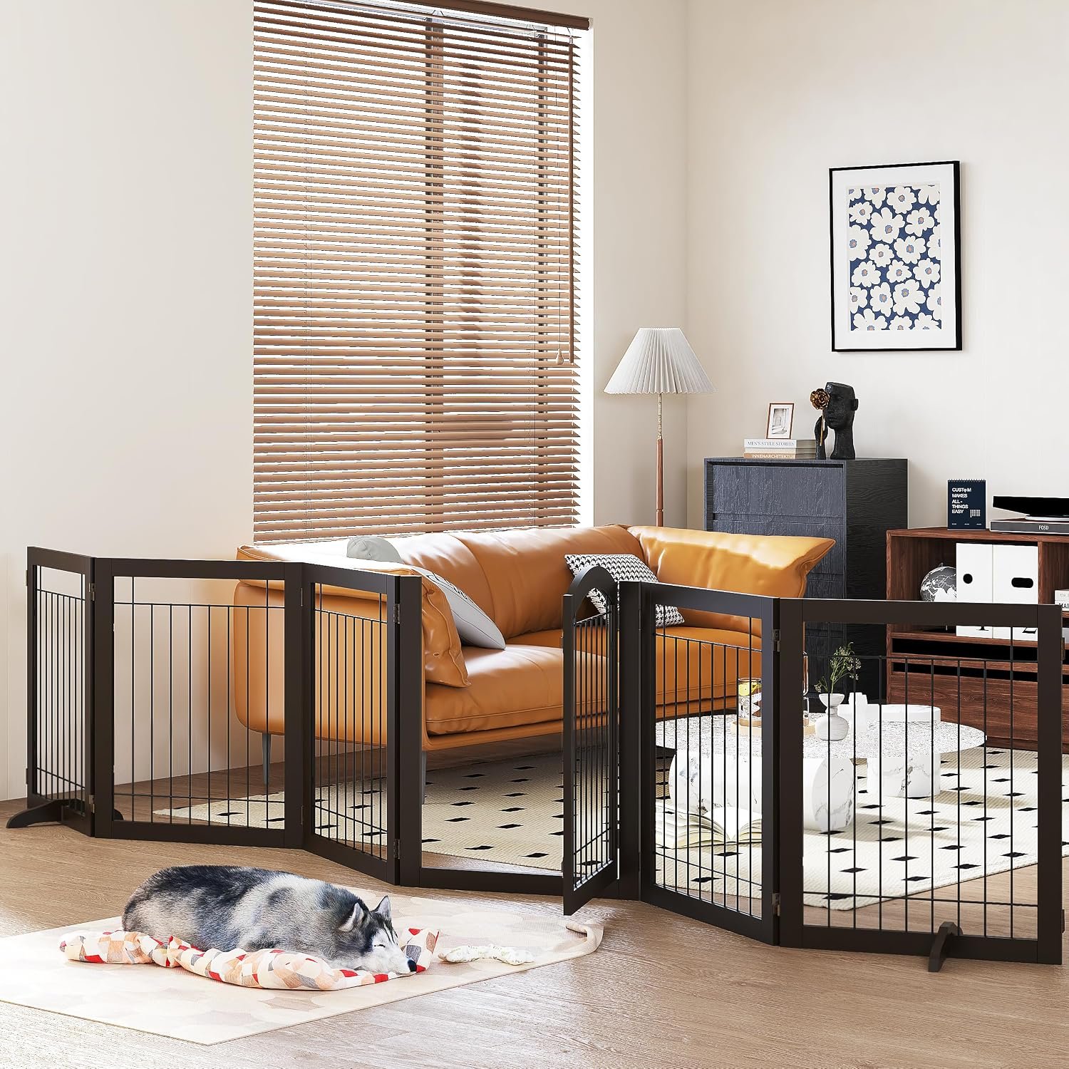 PAWLAND Dog Gate Indoor with Door, Freestanding, Foldable, 144″ Wide, 30″ H